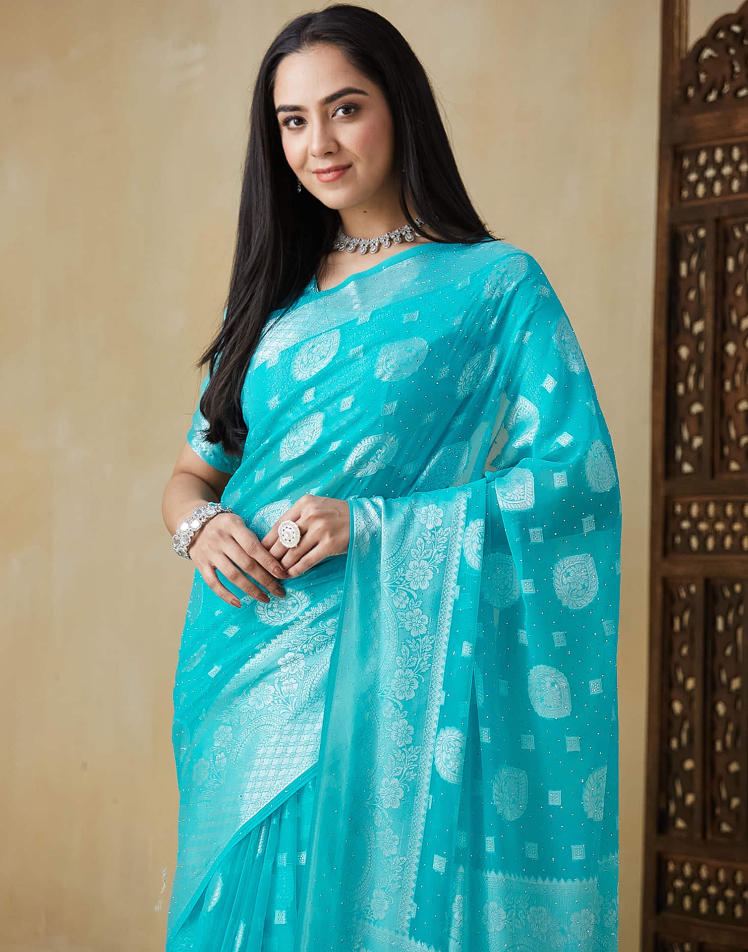 Blue Georgette Woven Saree