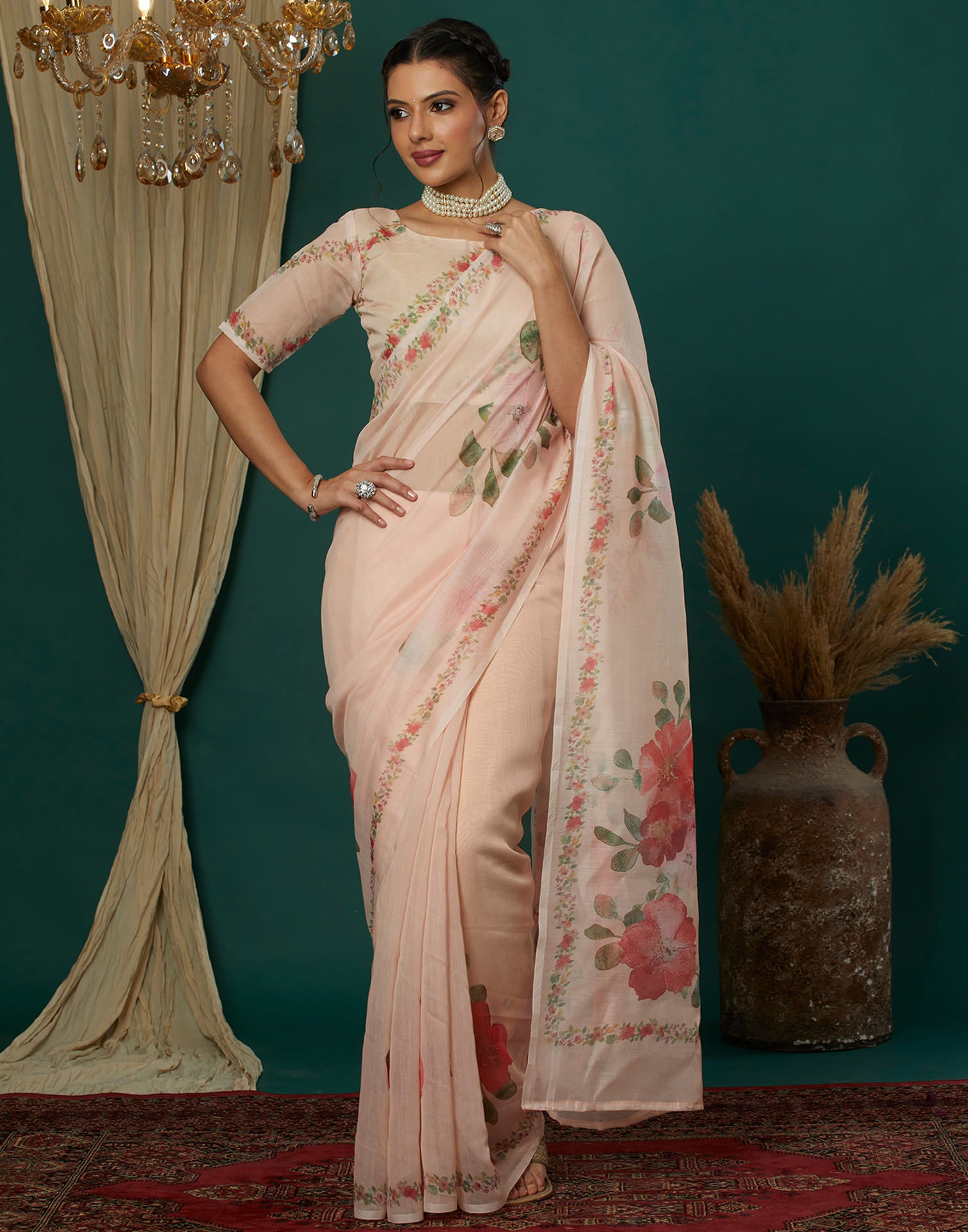 Peach Cotton Blend Printed Saree