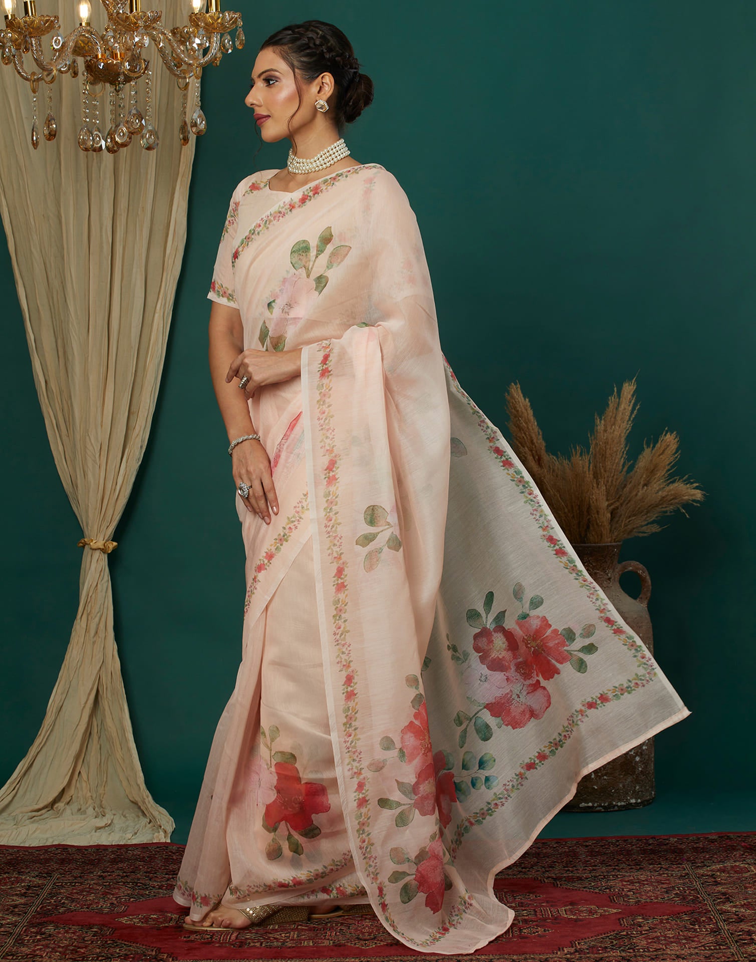Peach Cotton Blend Printed Saree
