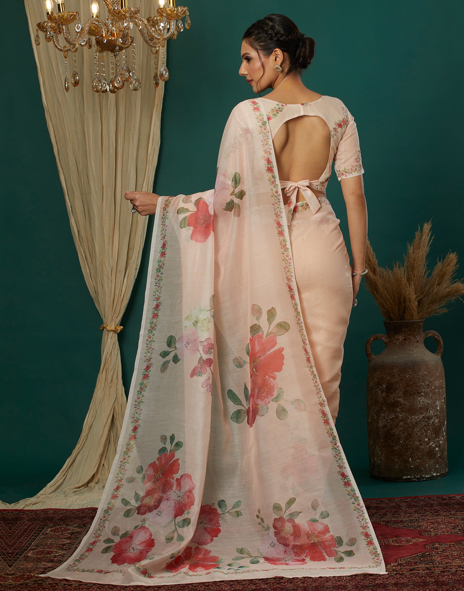 Peach Cotton Blend Printed Saree