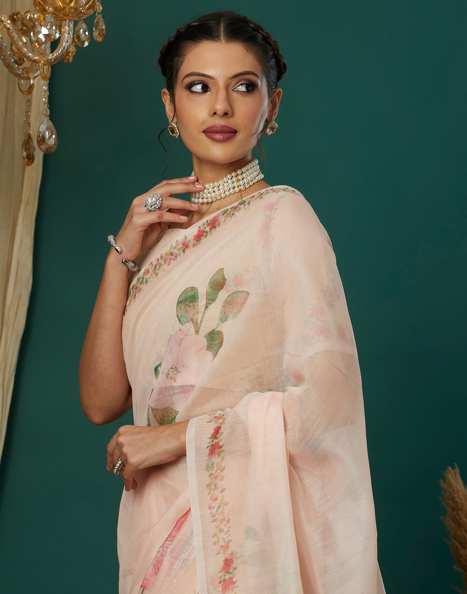 Peach Cotton Blend Printed Saree