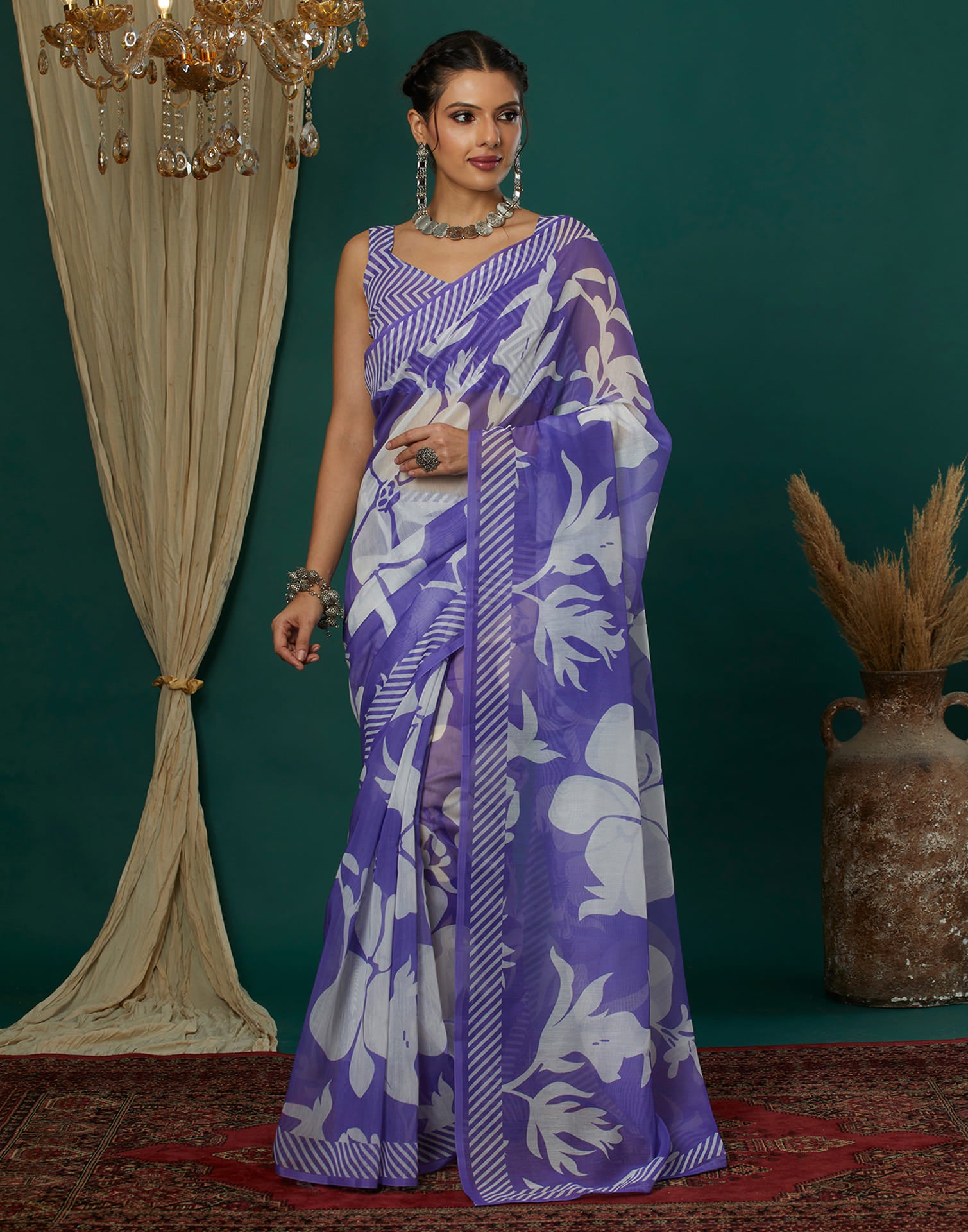 Violet Cotton Blend Printed Saree