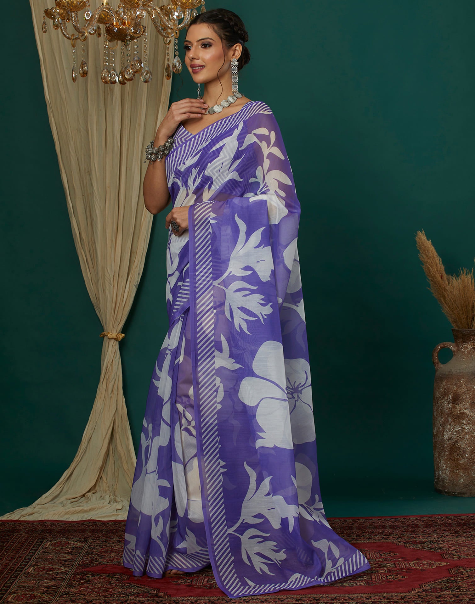 Violet Cotton Blend Printed Saree