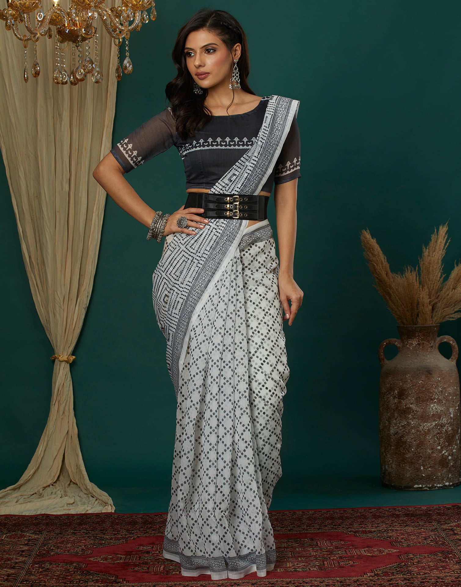 White Cotton Blend Printed Saree