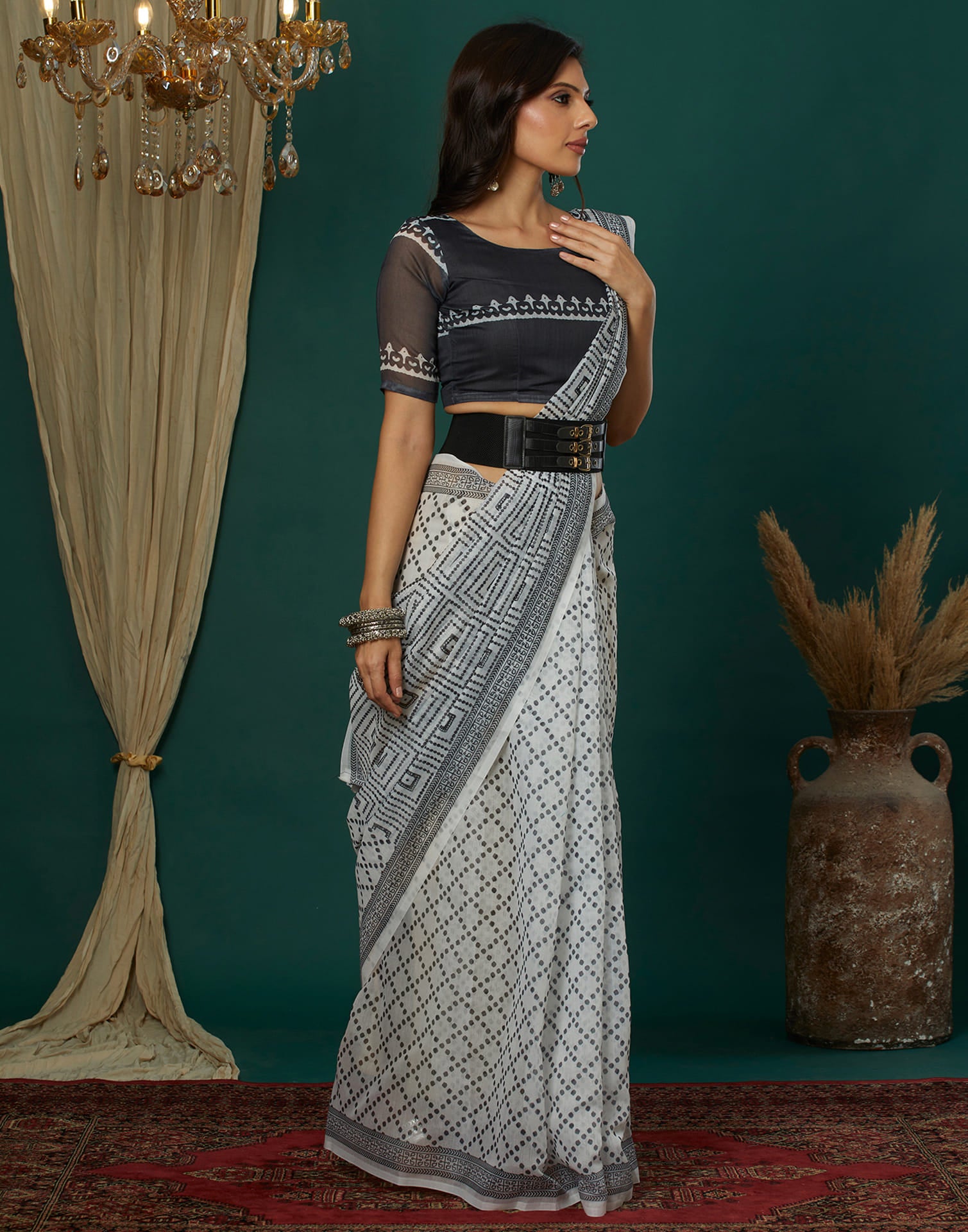 White Cotton Blend Printed Saree