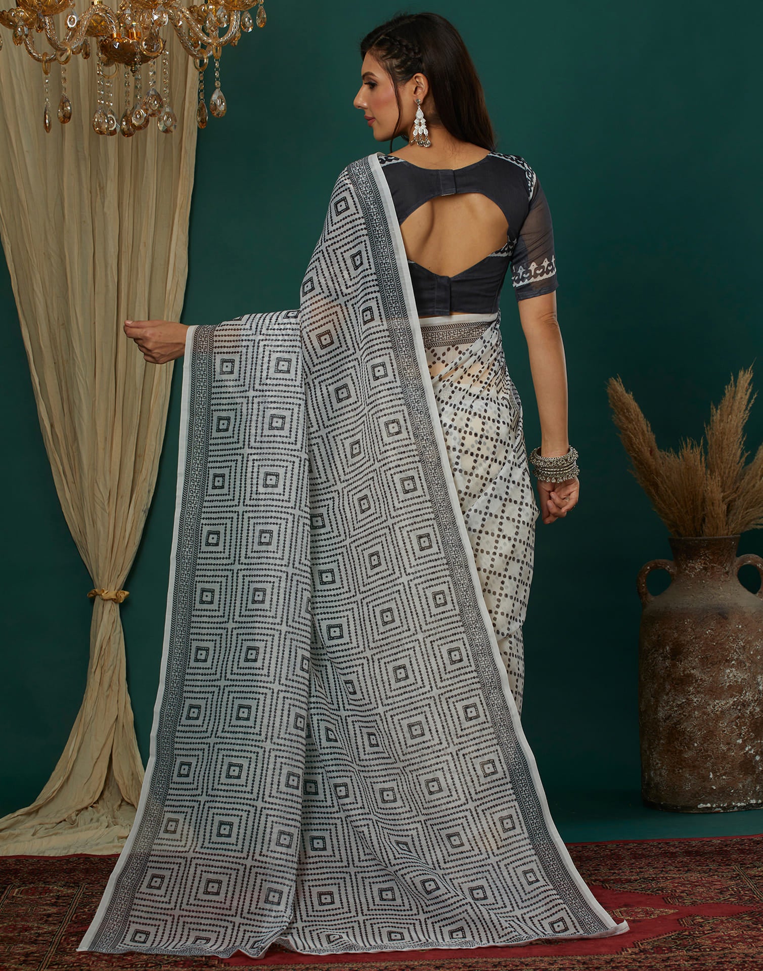White Cotton Blend Printed Saree