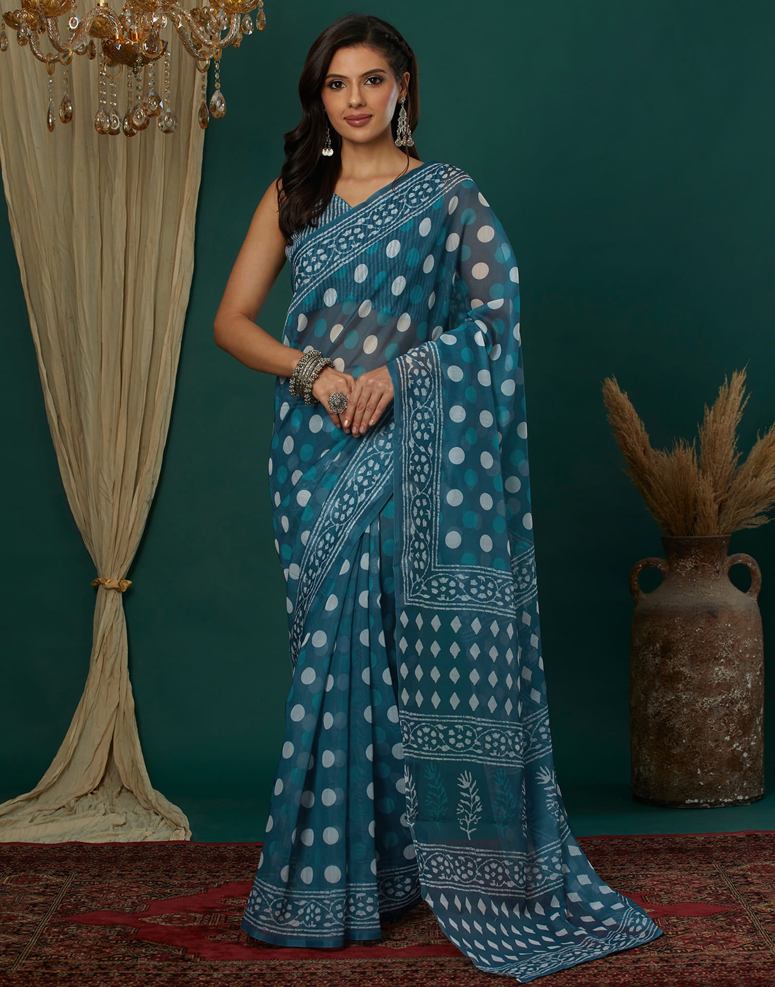 Turquoise Cotton Blend Printed Saree