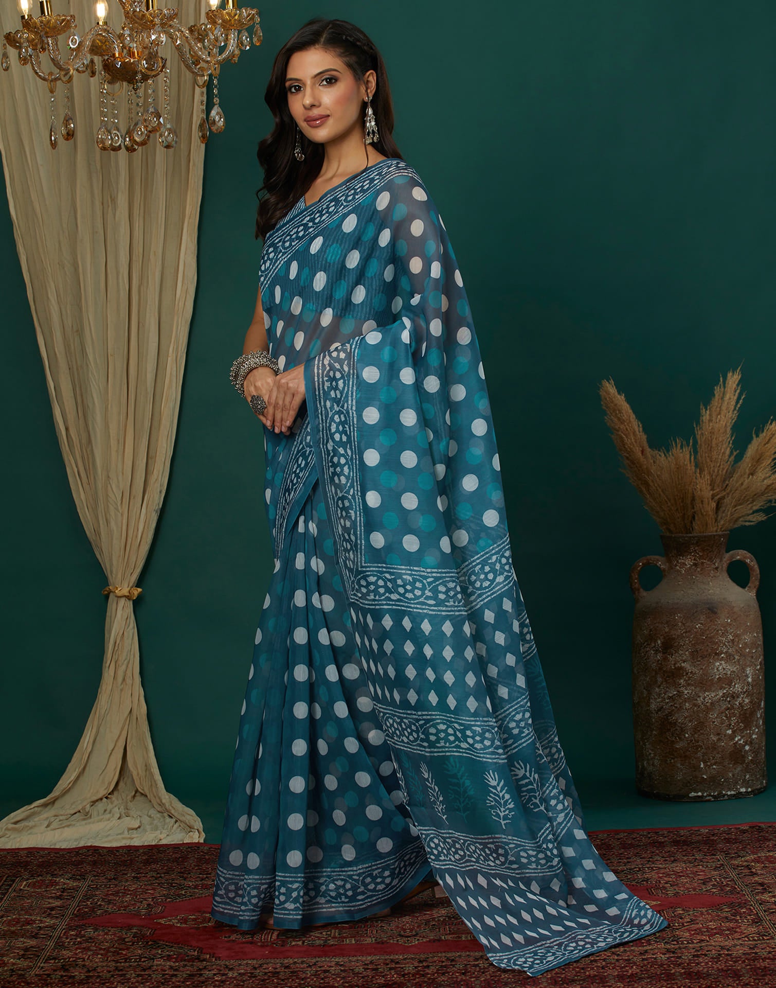 Turquoise Cotton Blend Printed Saree