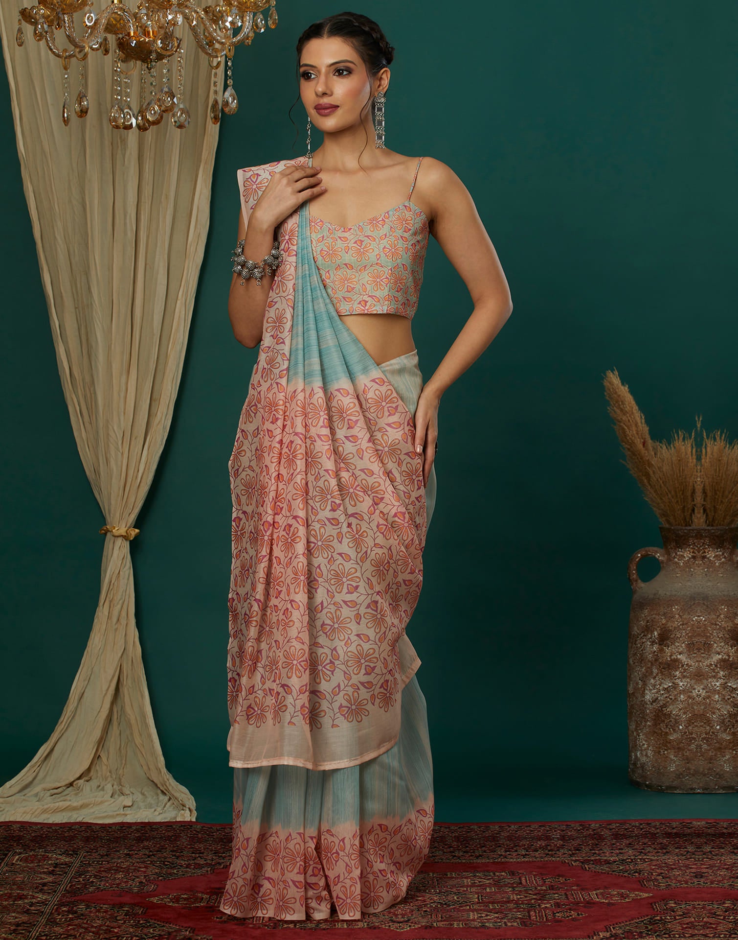 Blue Cotton Blend Printed Saree