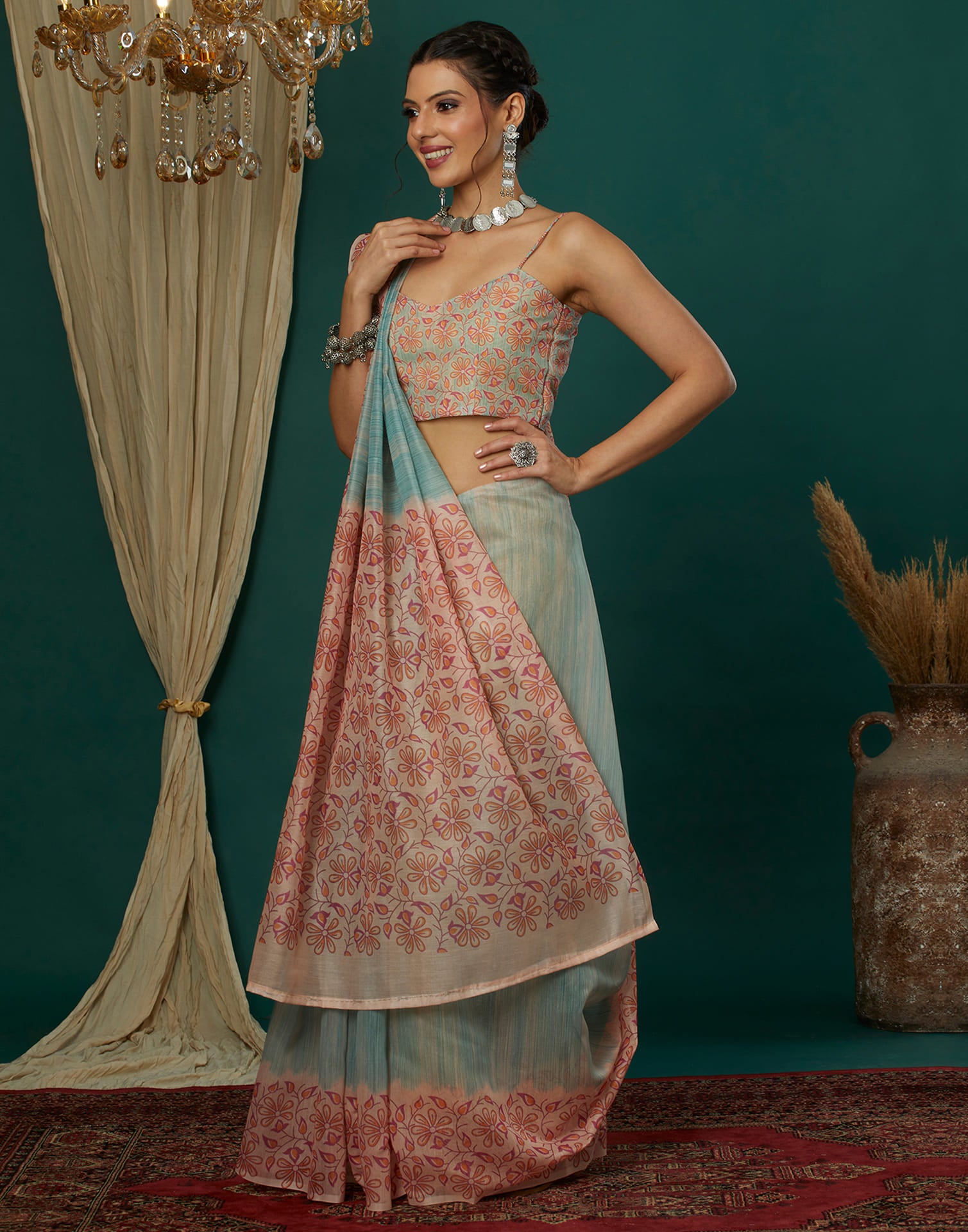 Blue Cotton Blend Printed Saree