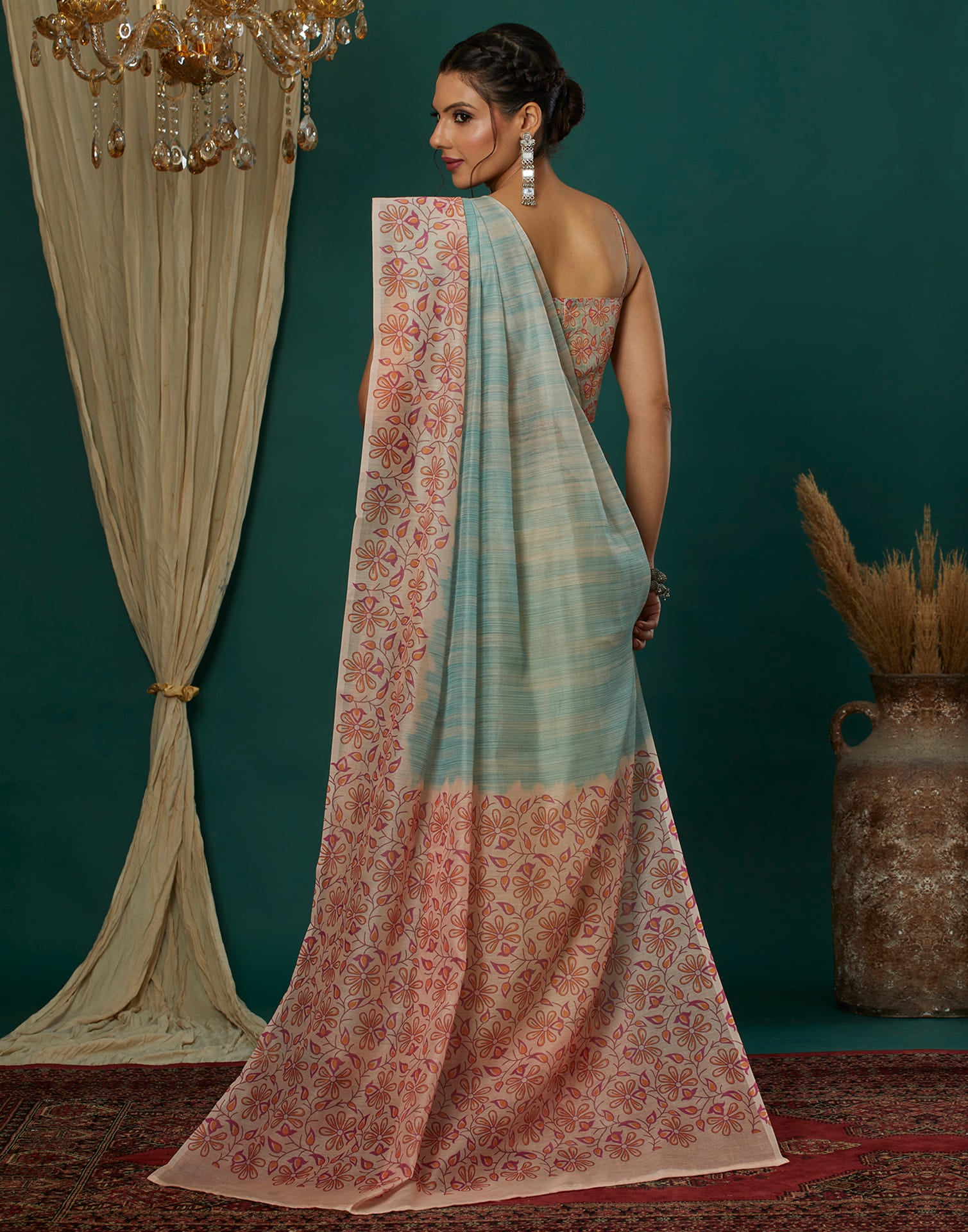 Blue Cotton Blend Printed Saree