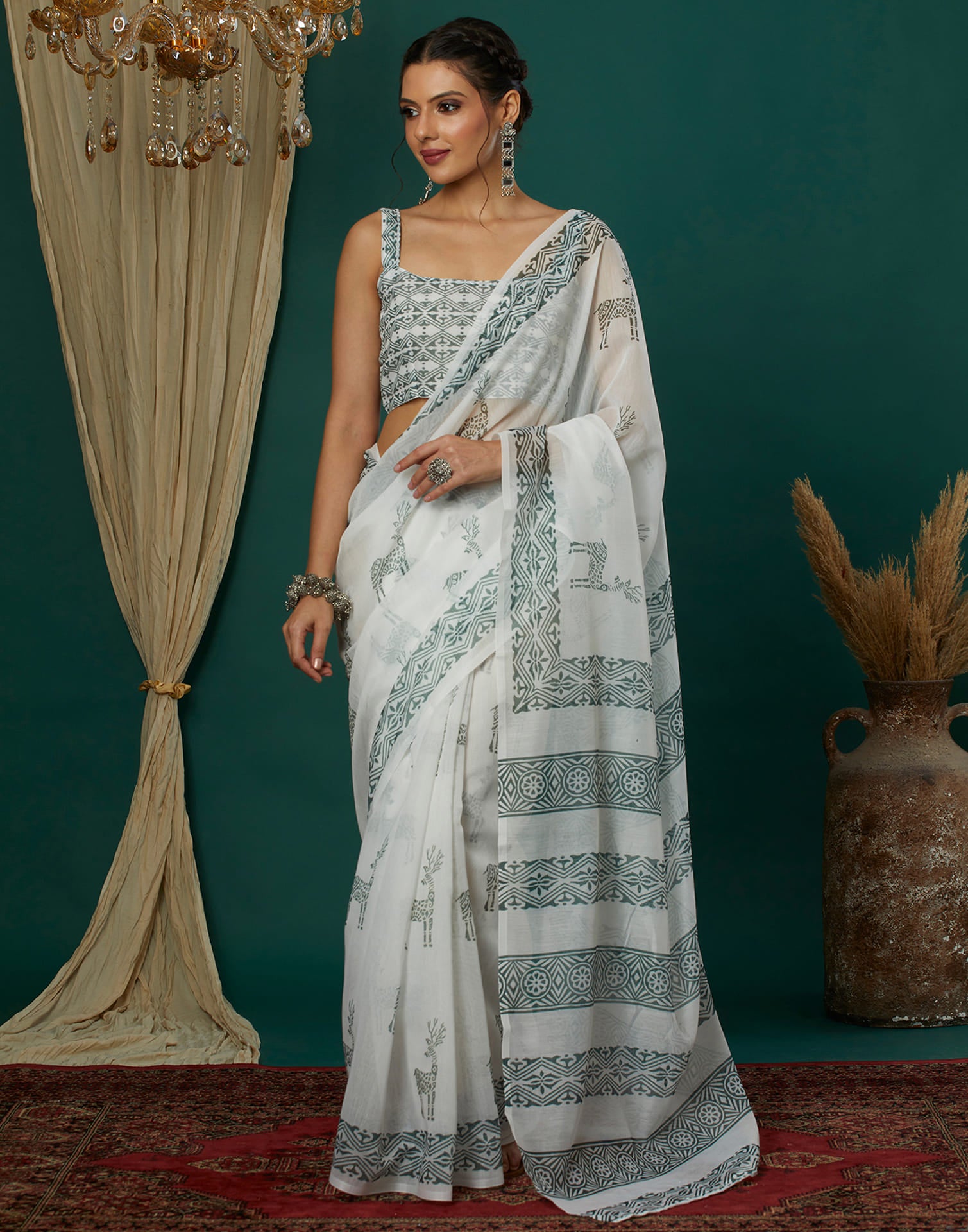 White Cotton Blend Printed Saree