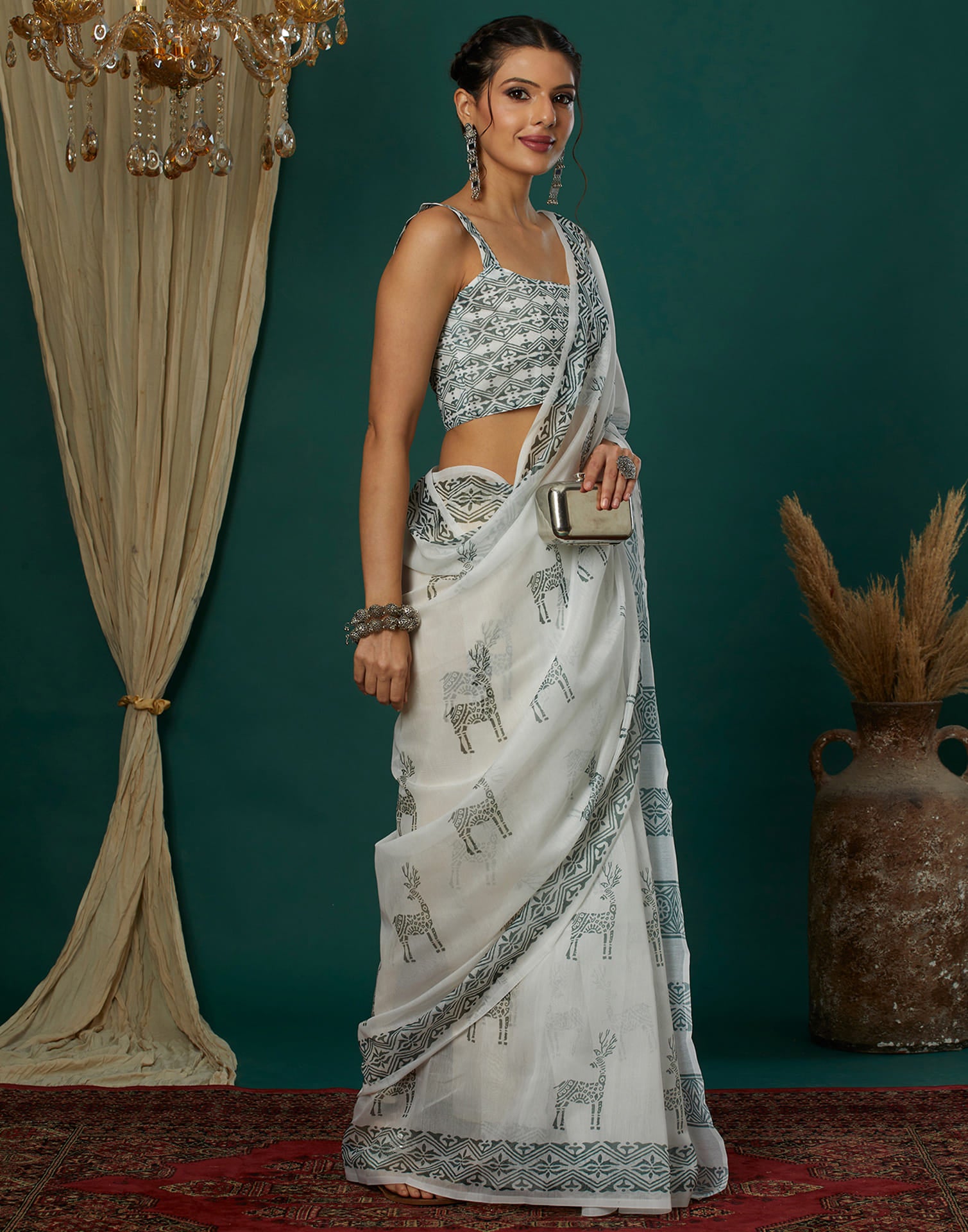 White Cotton Blend Printed Saree
