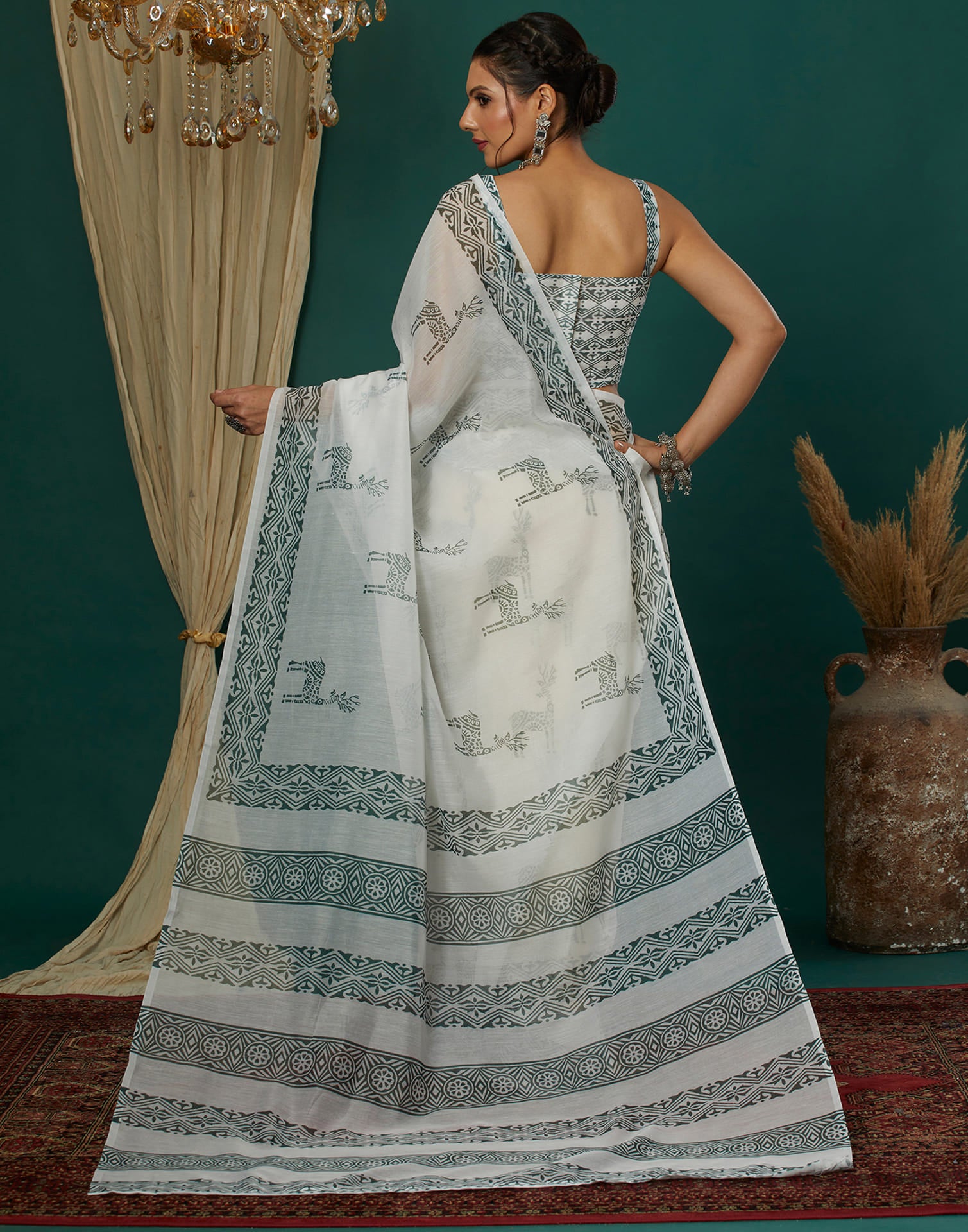White Cotton Blend Printed Saree
