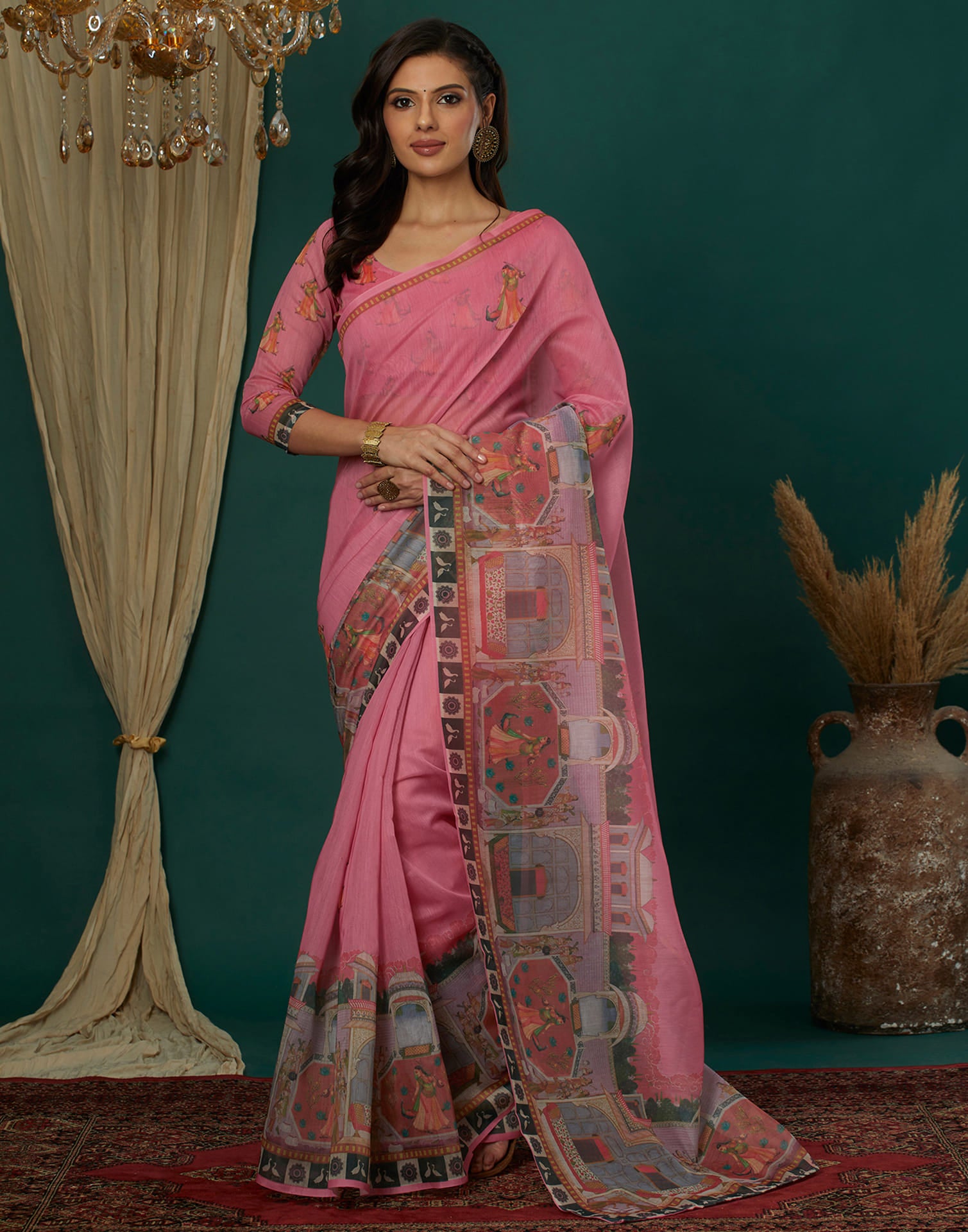 Pink Cotton Blend Printed Saree