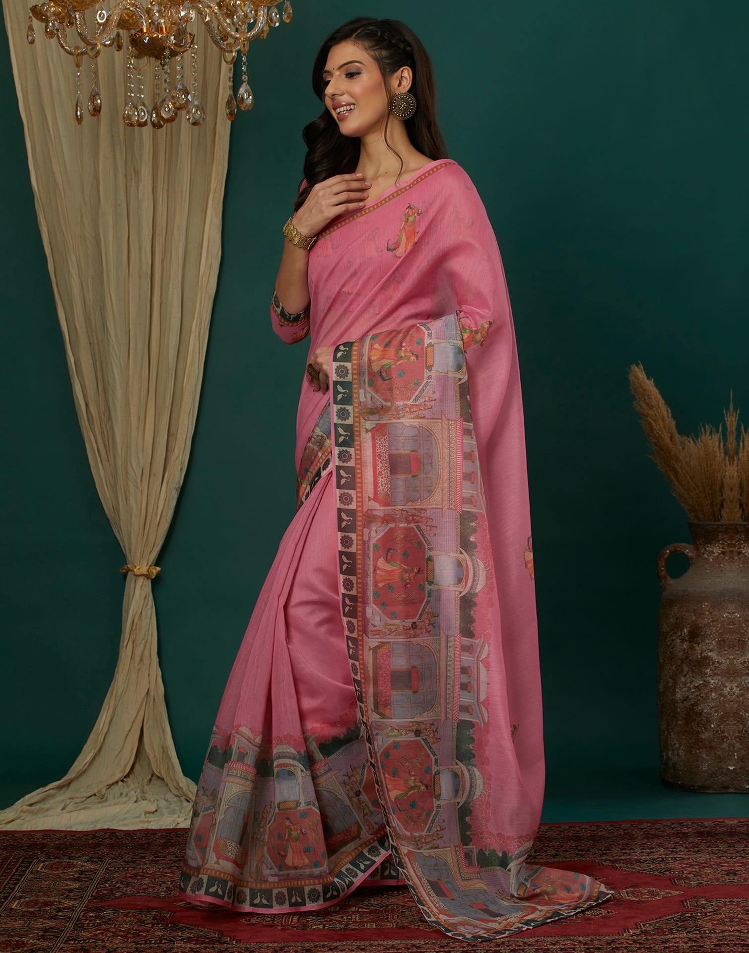 Pink Cotton Blend Printed Saree