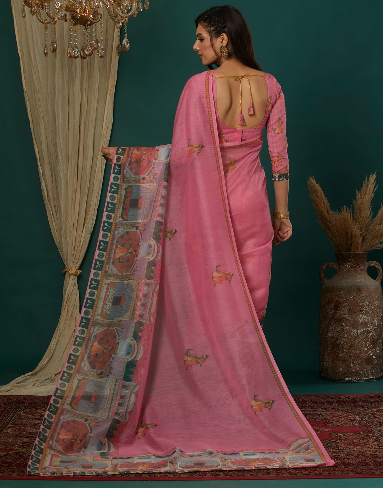 Pink Cotton Blend Printed Saree