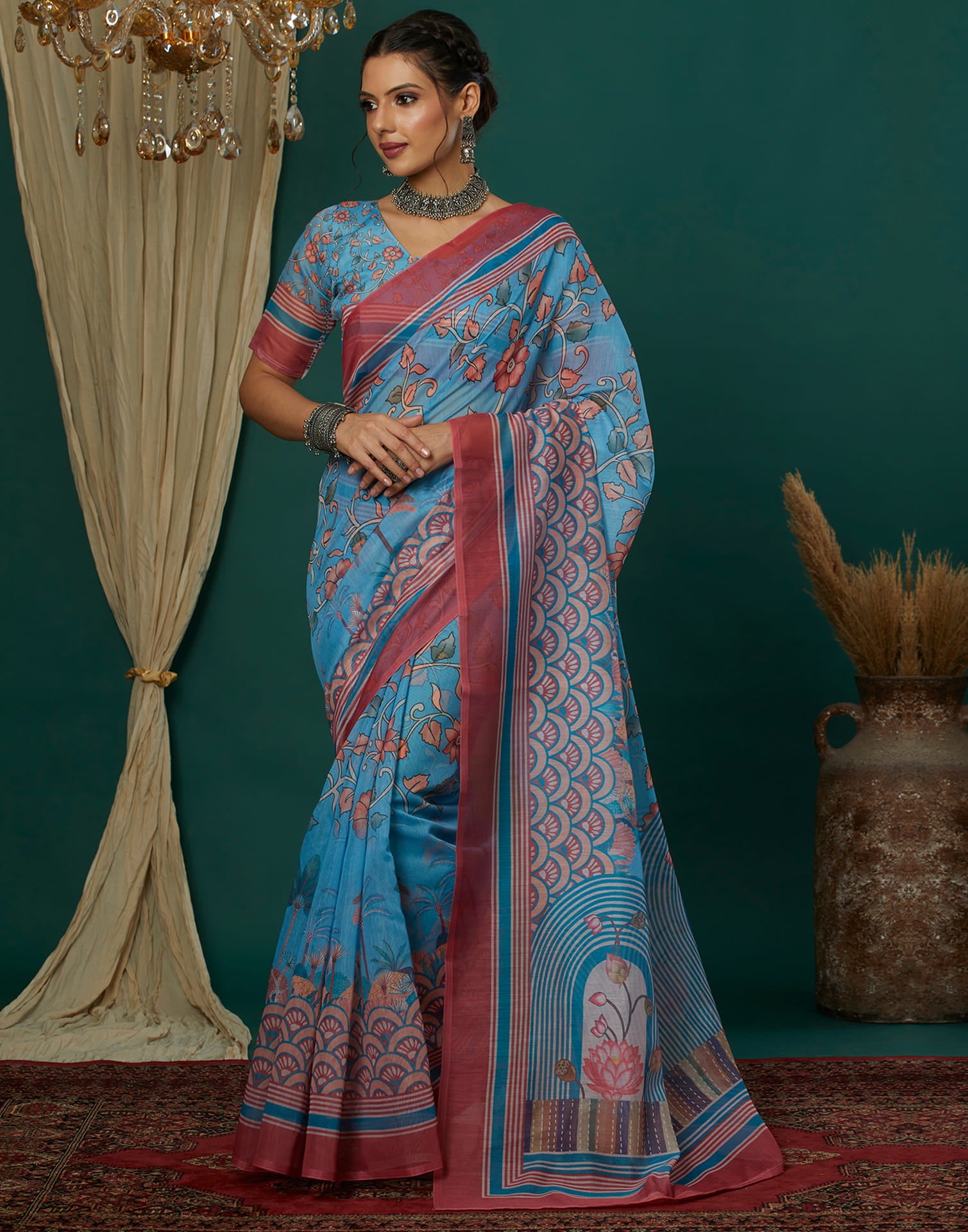 Blue Cotton Blend Printed Saree