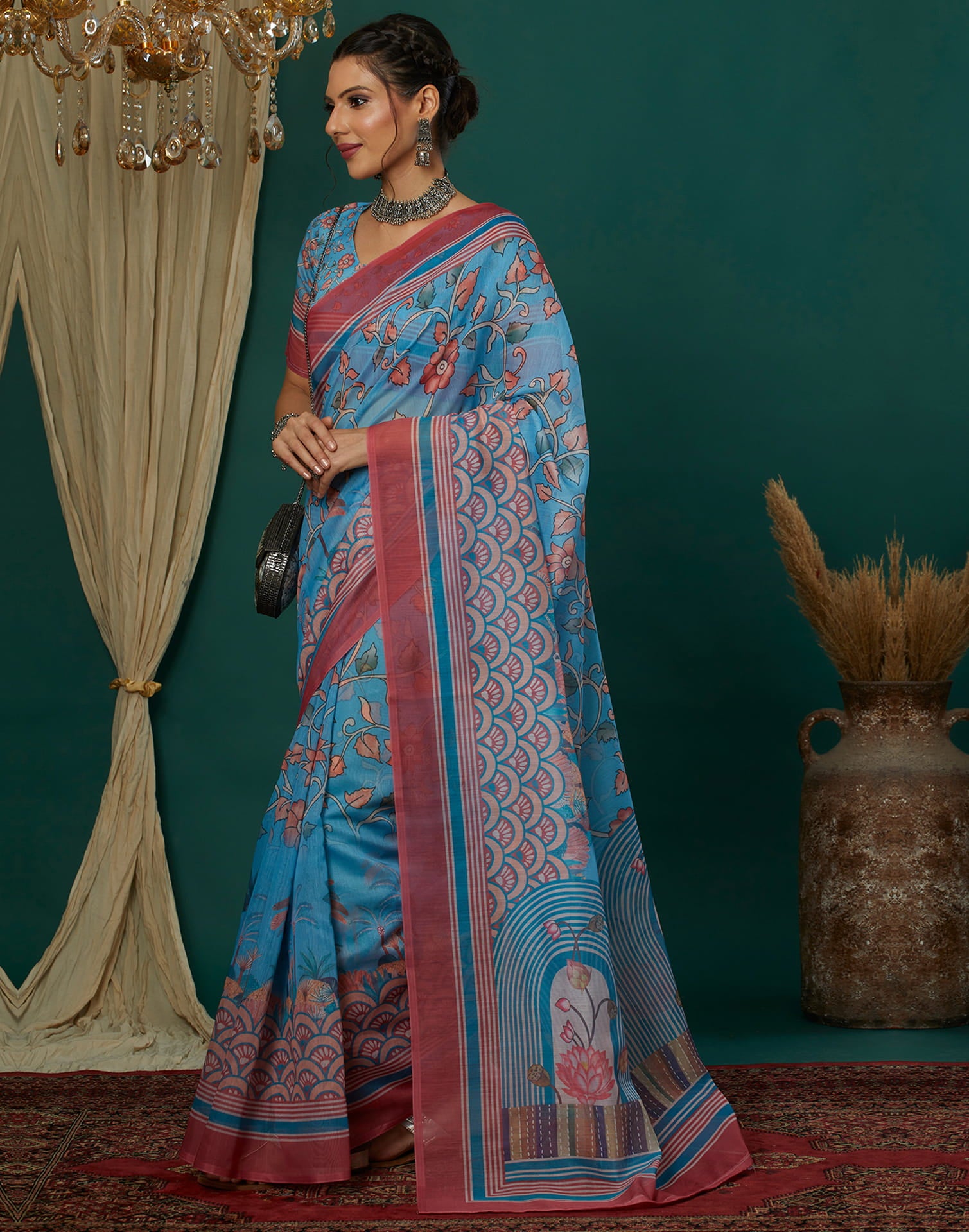 Blue Cotton Blend Printed Saree