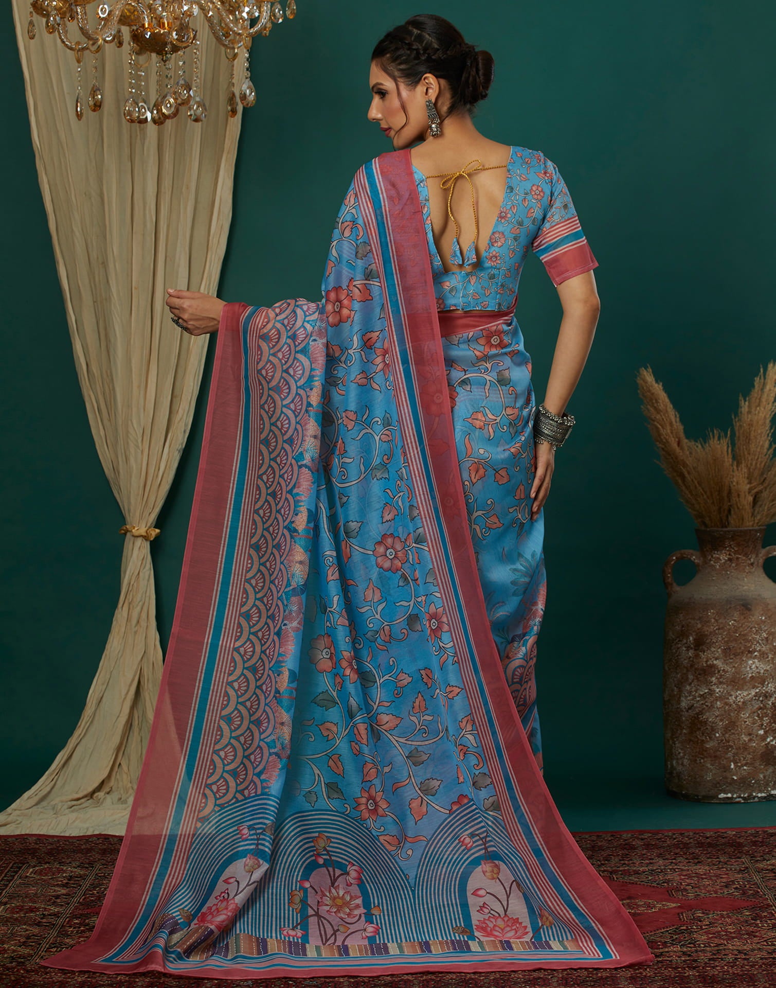 Blue Cotton Blend Printed Saree