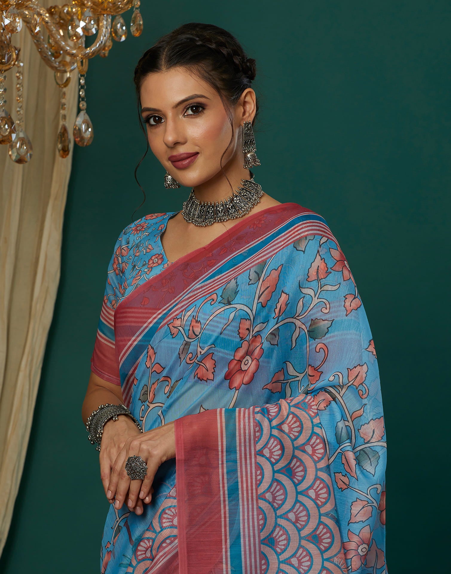 Blue Cotton Blend Printed Saree