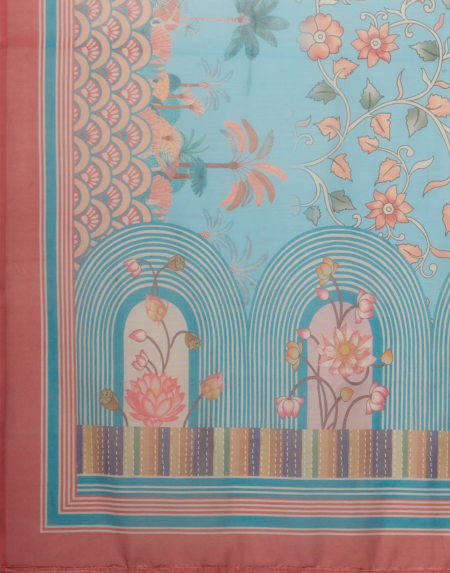 Blue Cotton Blend Printed Saree