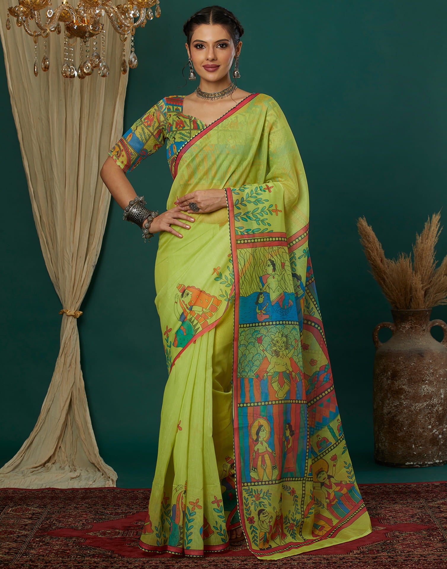 Green Cotton Blend Printed Saree