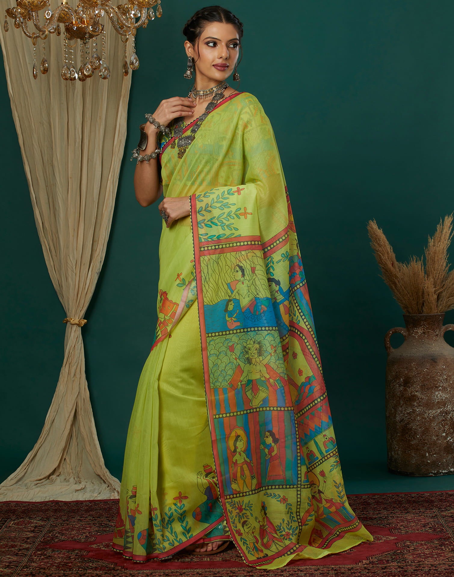Green Cotton Blend Printed Saree