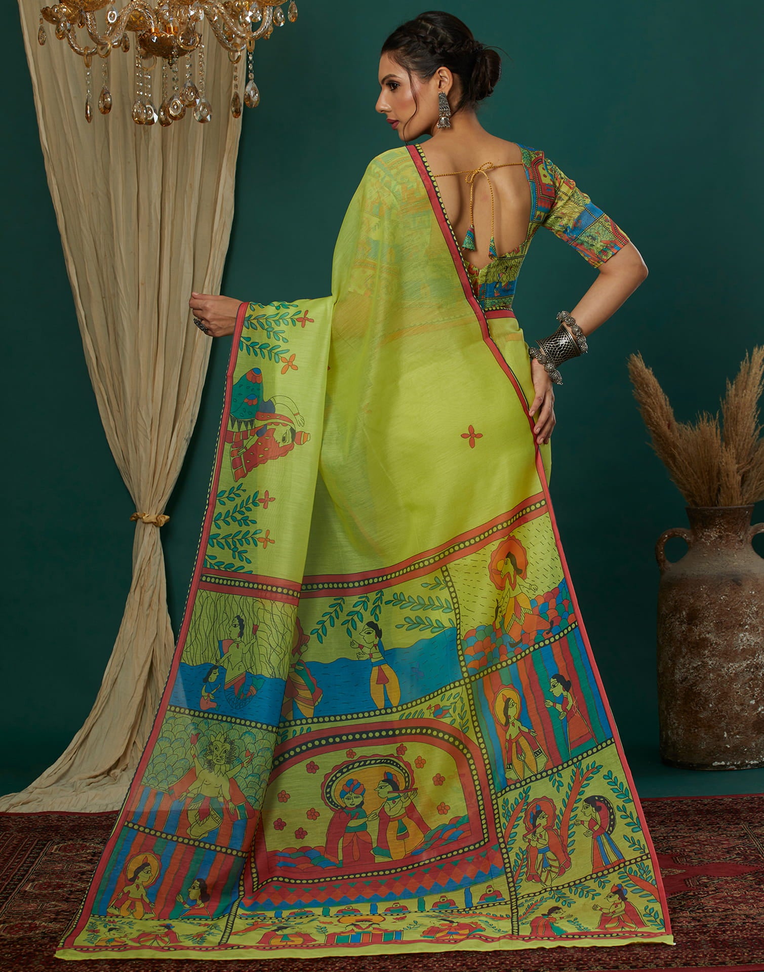 Green Cotton Blend Printed Saree