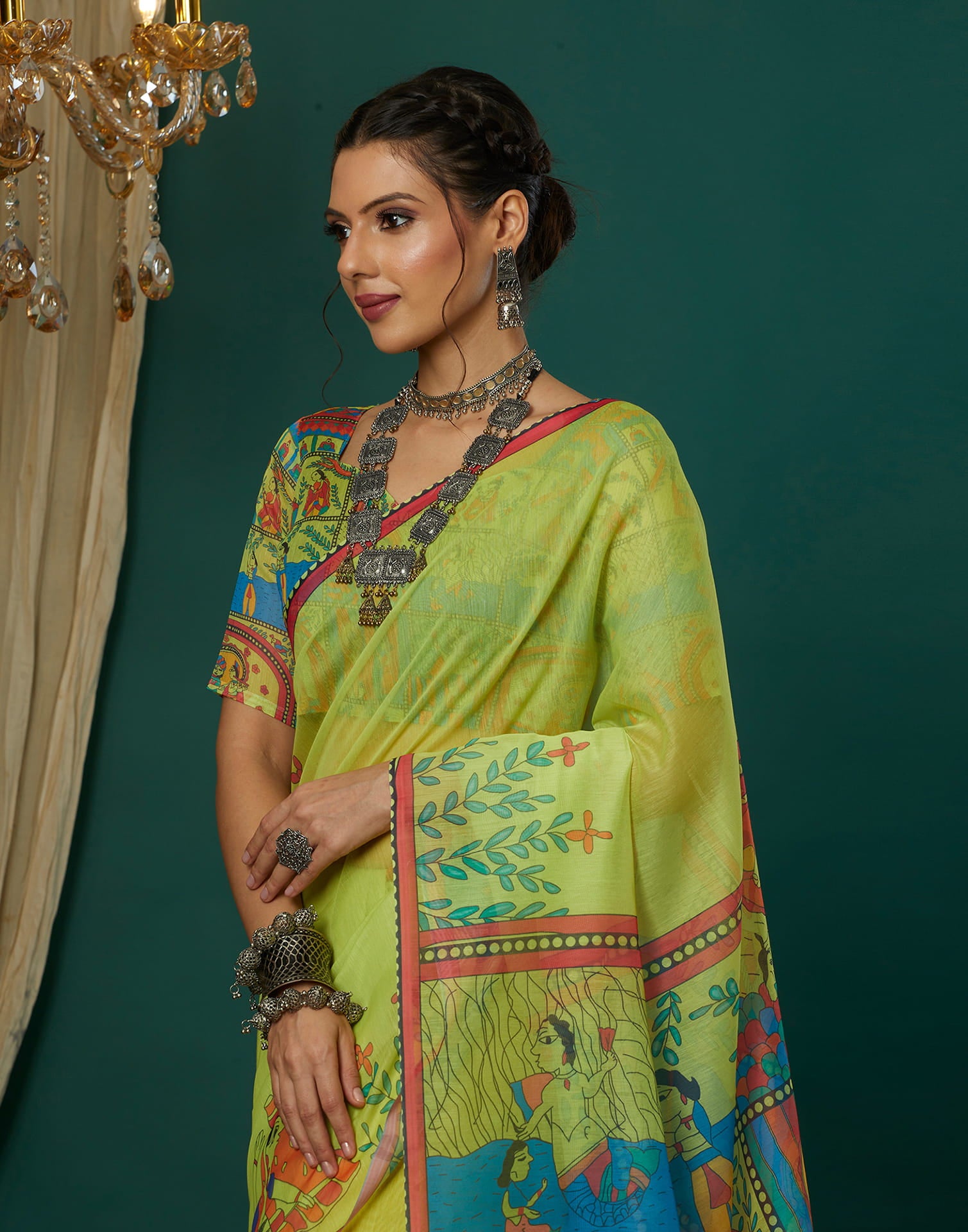 Green Cotton Blend Printed Saree