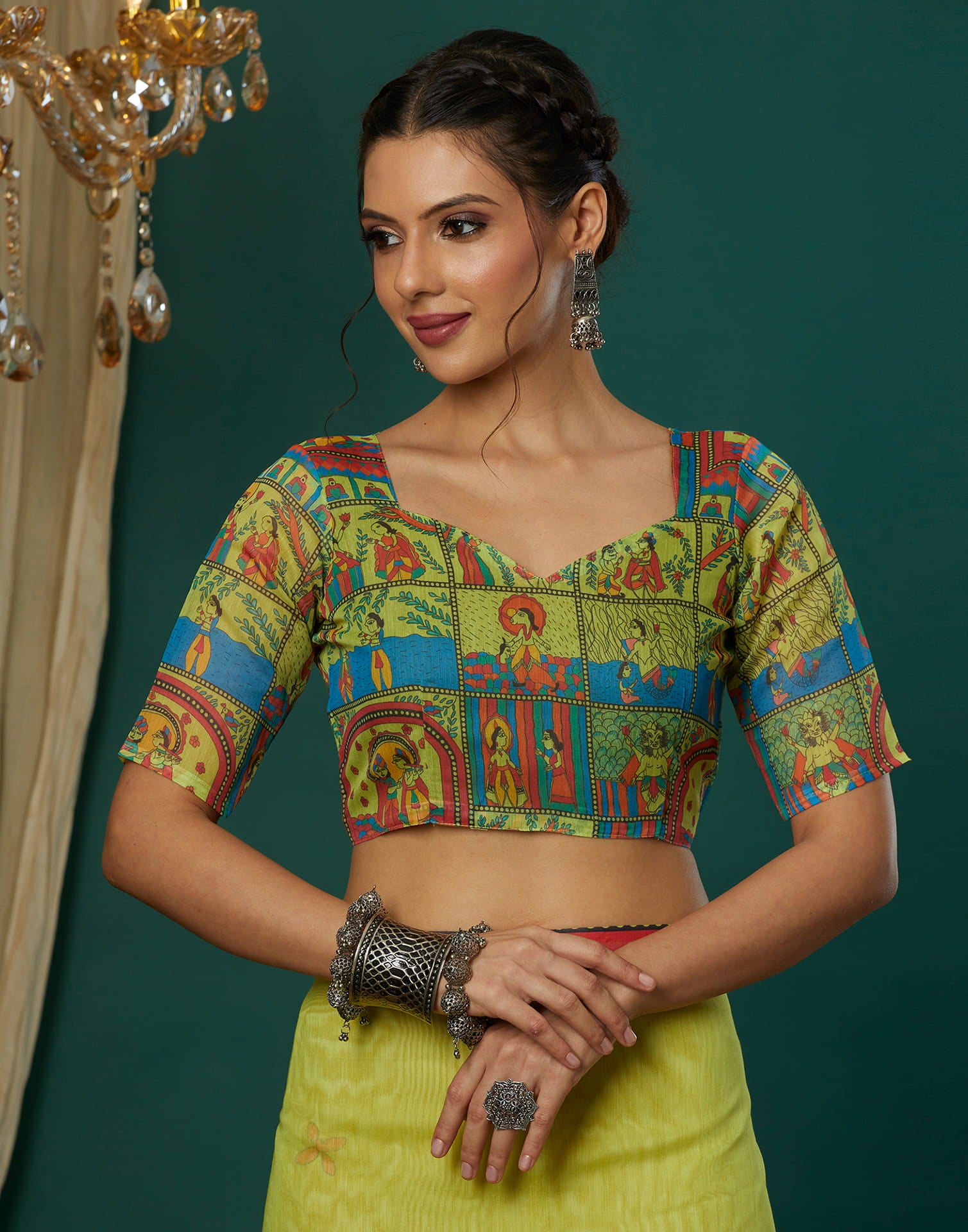 Green Cotton Blend Printed Saree