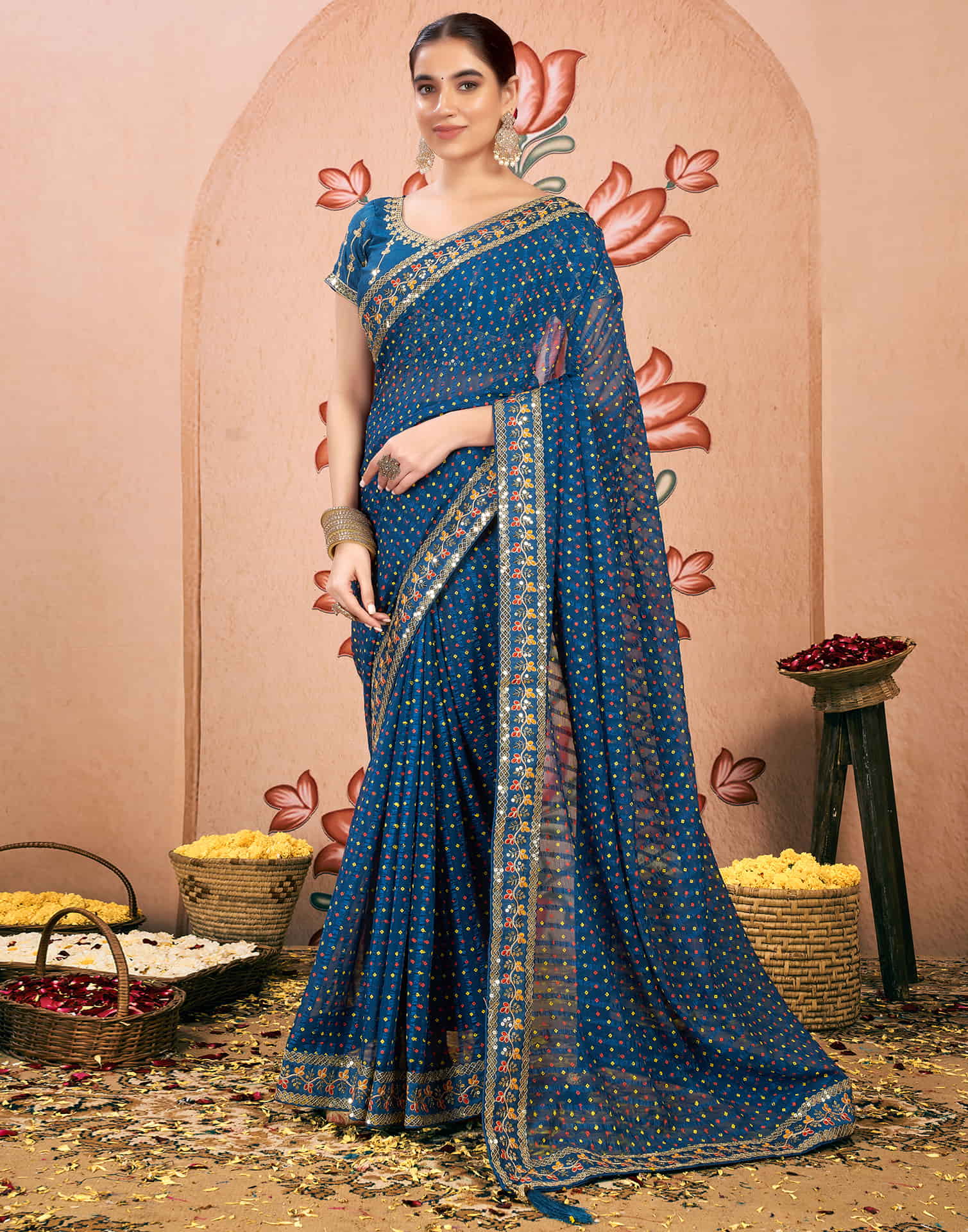 Rama Blue Chiffon Sequence Bandhani Saree