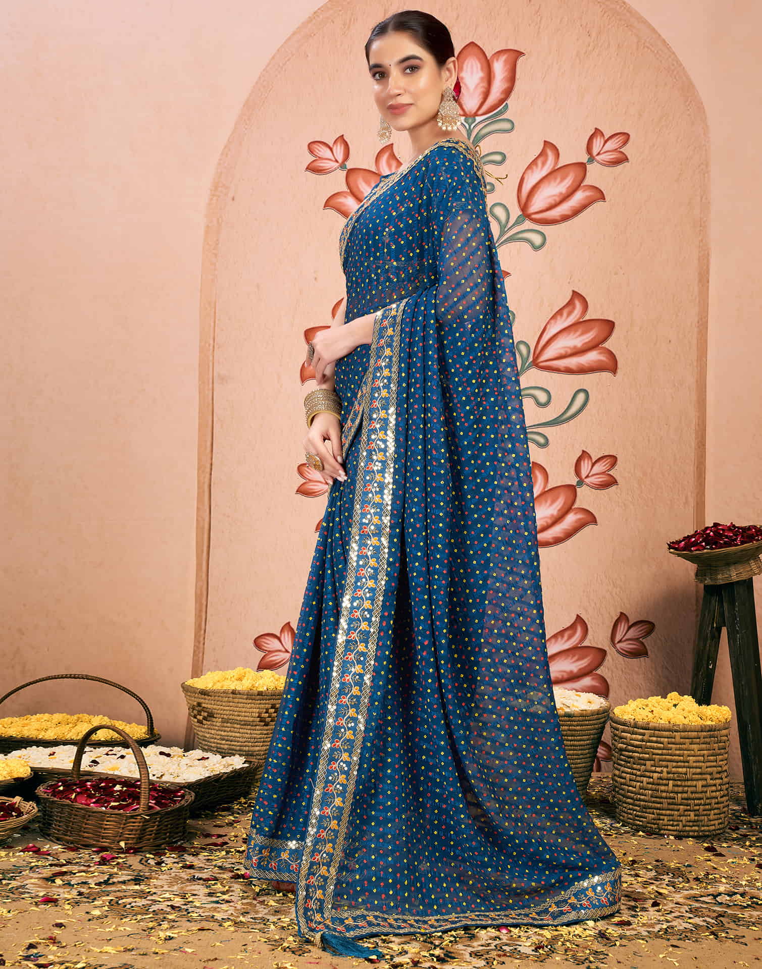 Rama Blue Chiffon Sequence Bandhani Saree