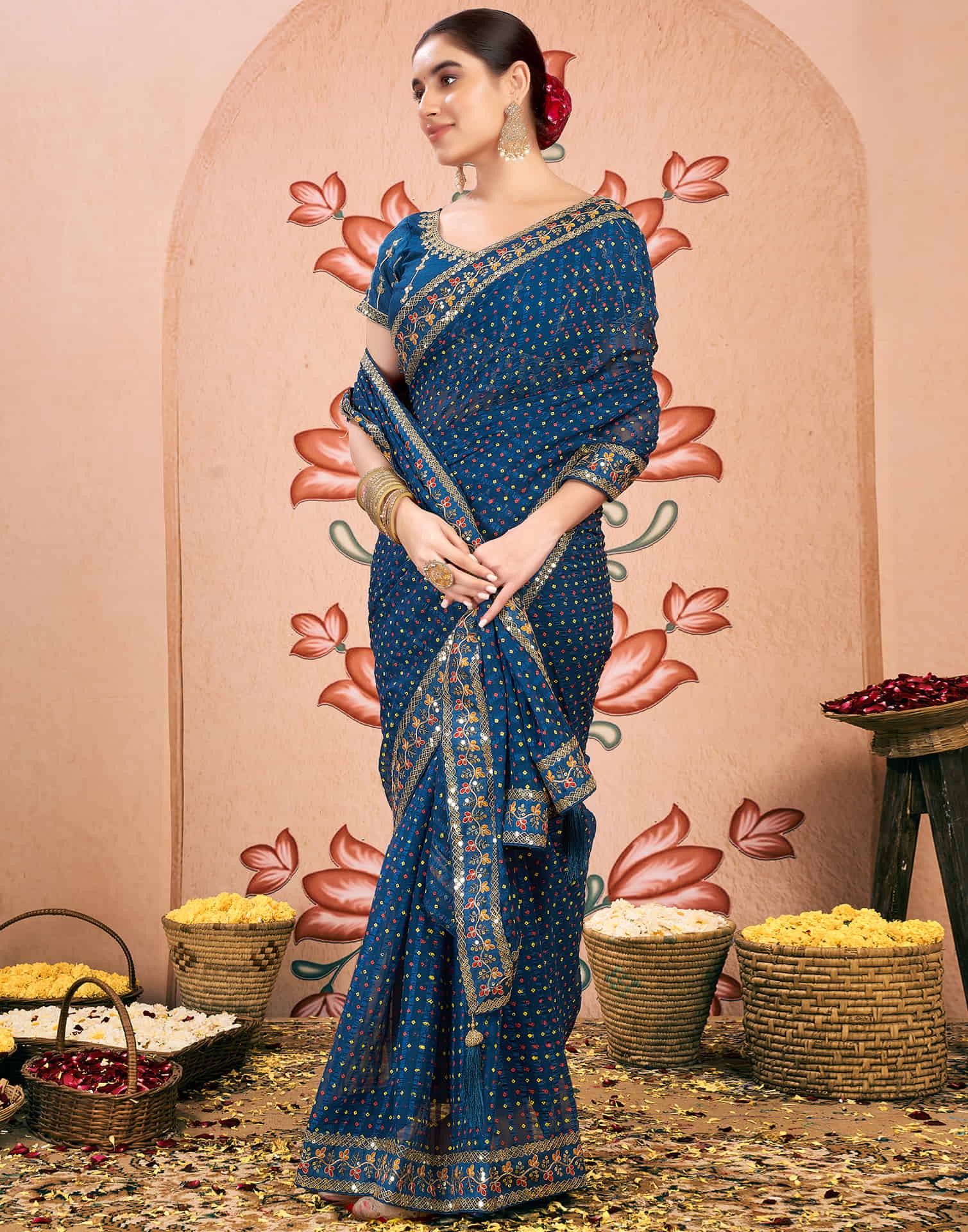 Rama Blue Chiffon Sequence Bandhani Saree