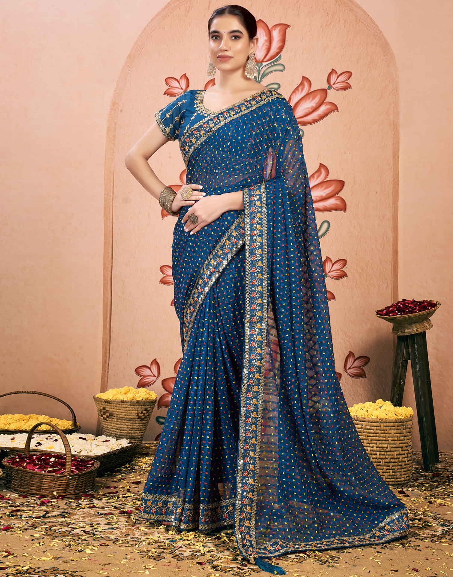 Rama Blue Chiffon Sequence Bandhani Saree