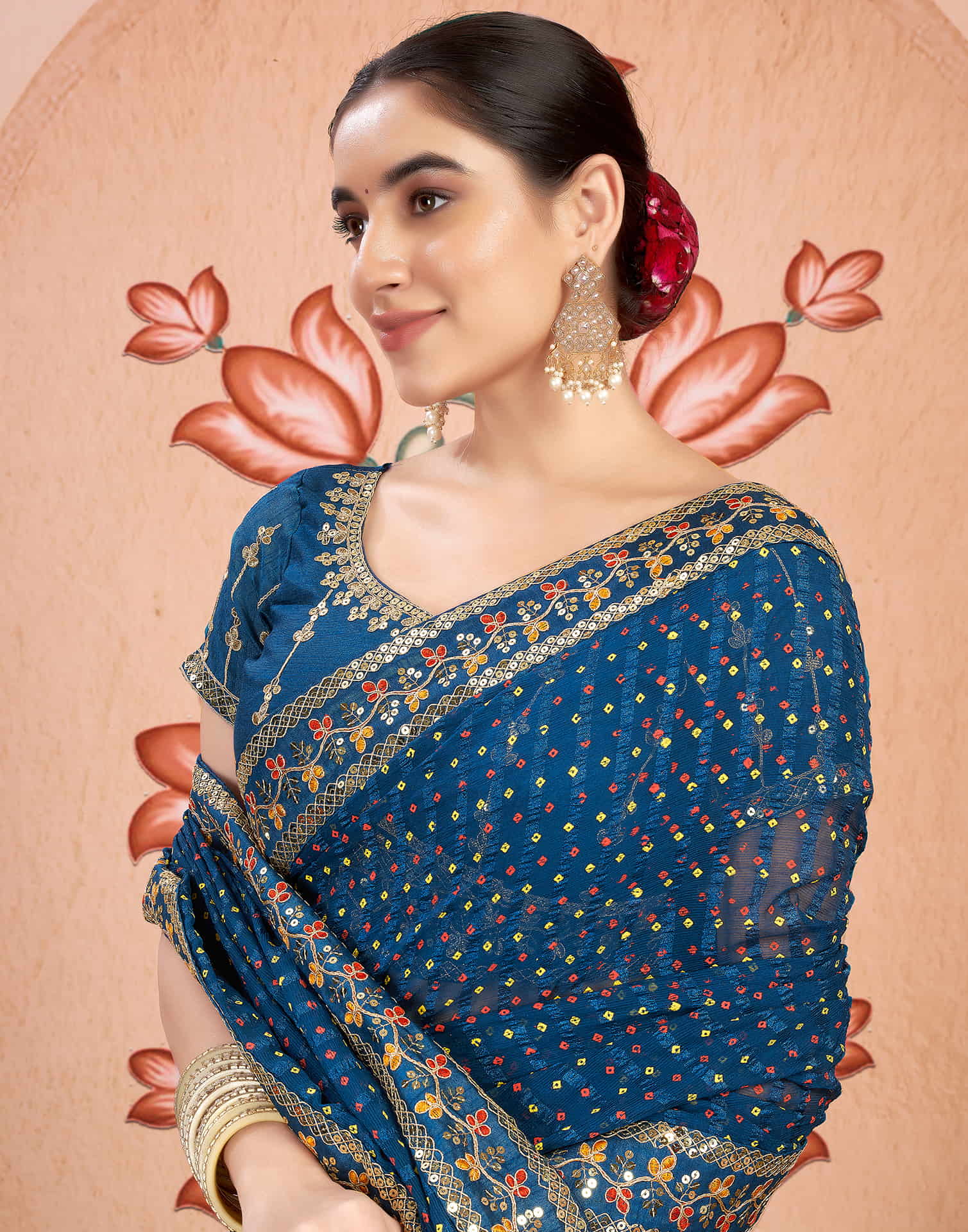 Rama Blue Chiffon Sequence Bandhani Saree