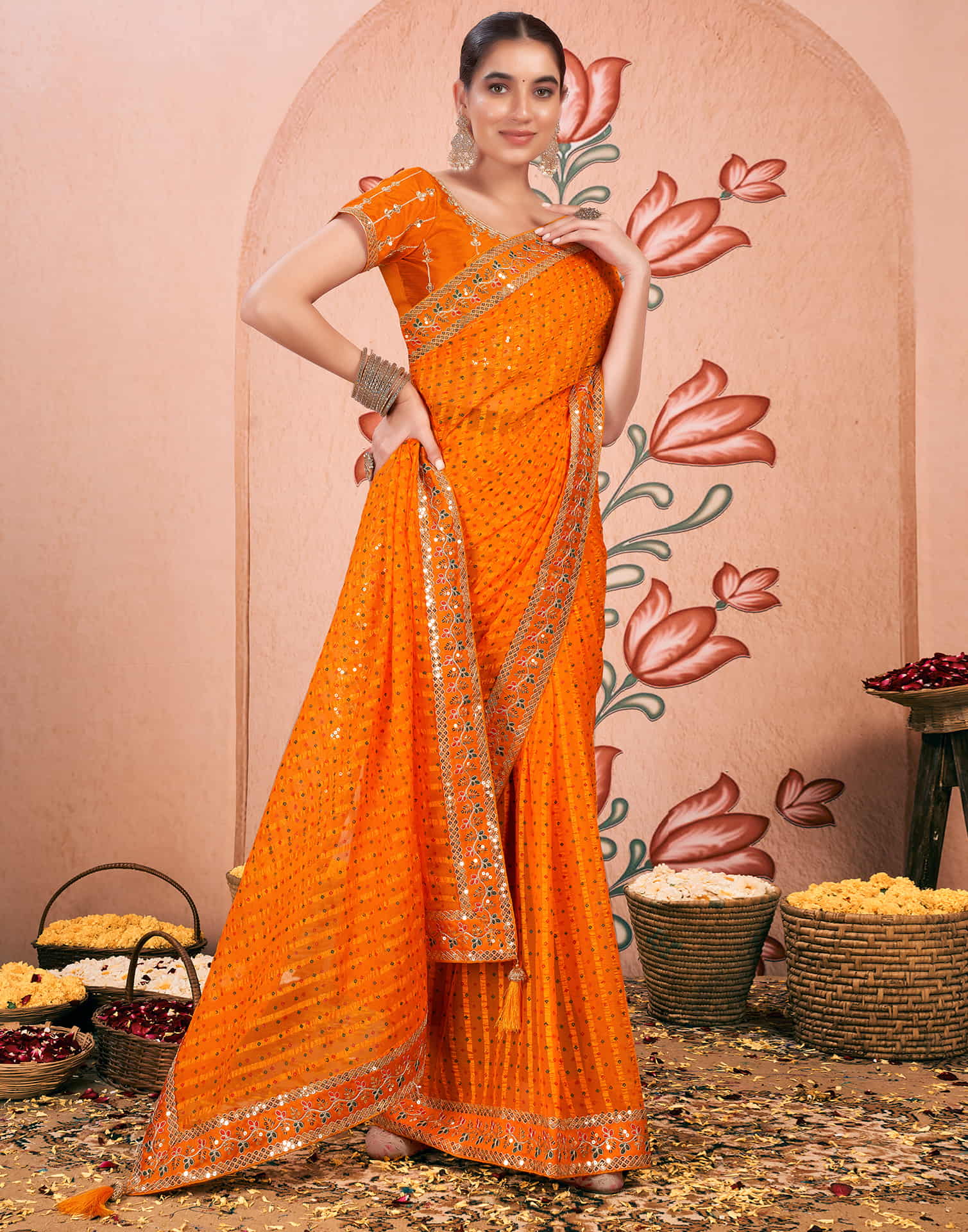 Turmeric Yellow Chiffon Sequence Bandhani Saree