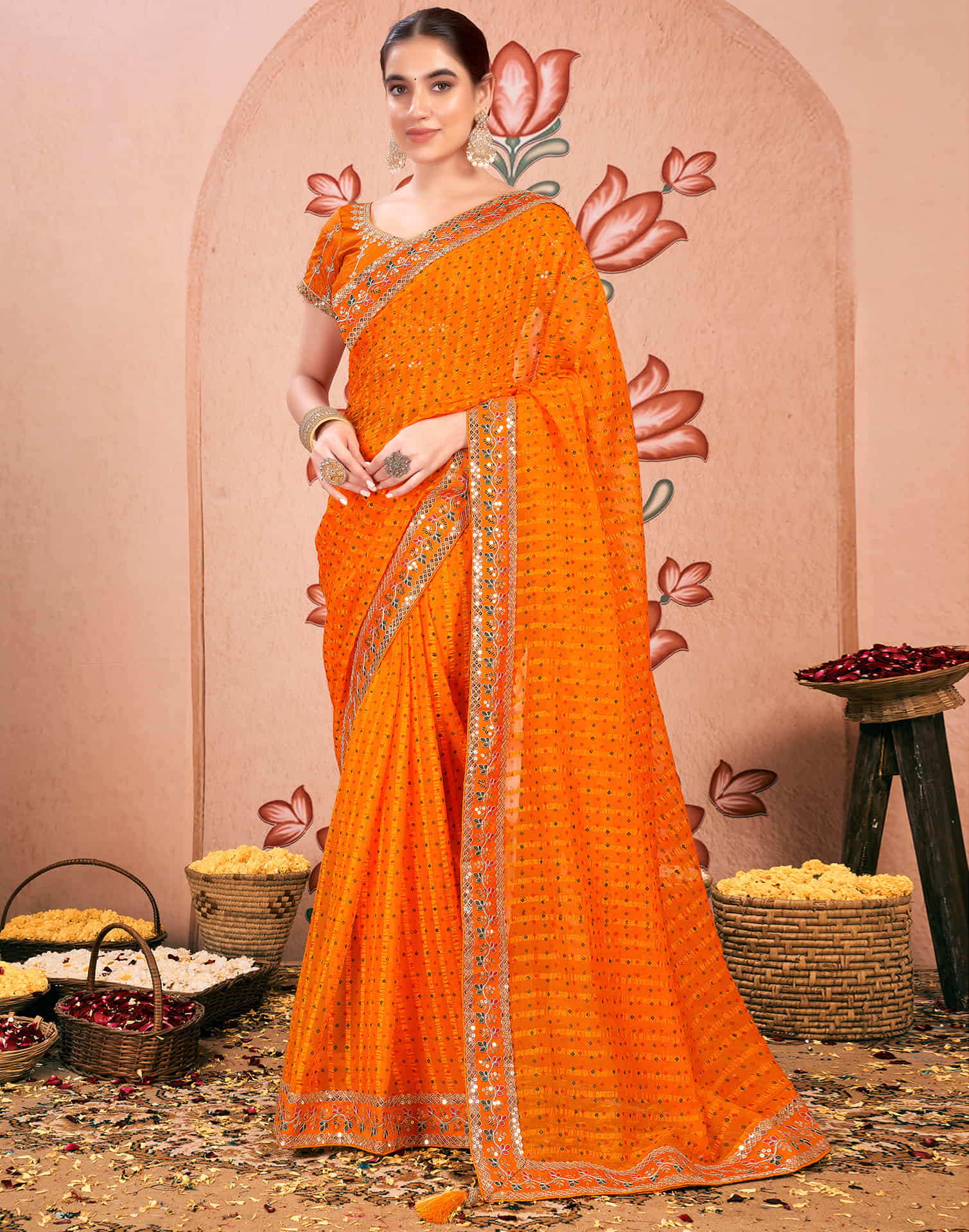 Turmeric Yellow Chiffon Sequence Bandhani Saree