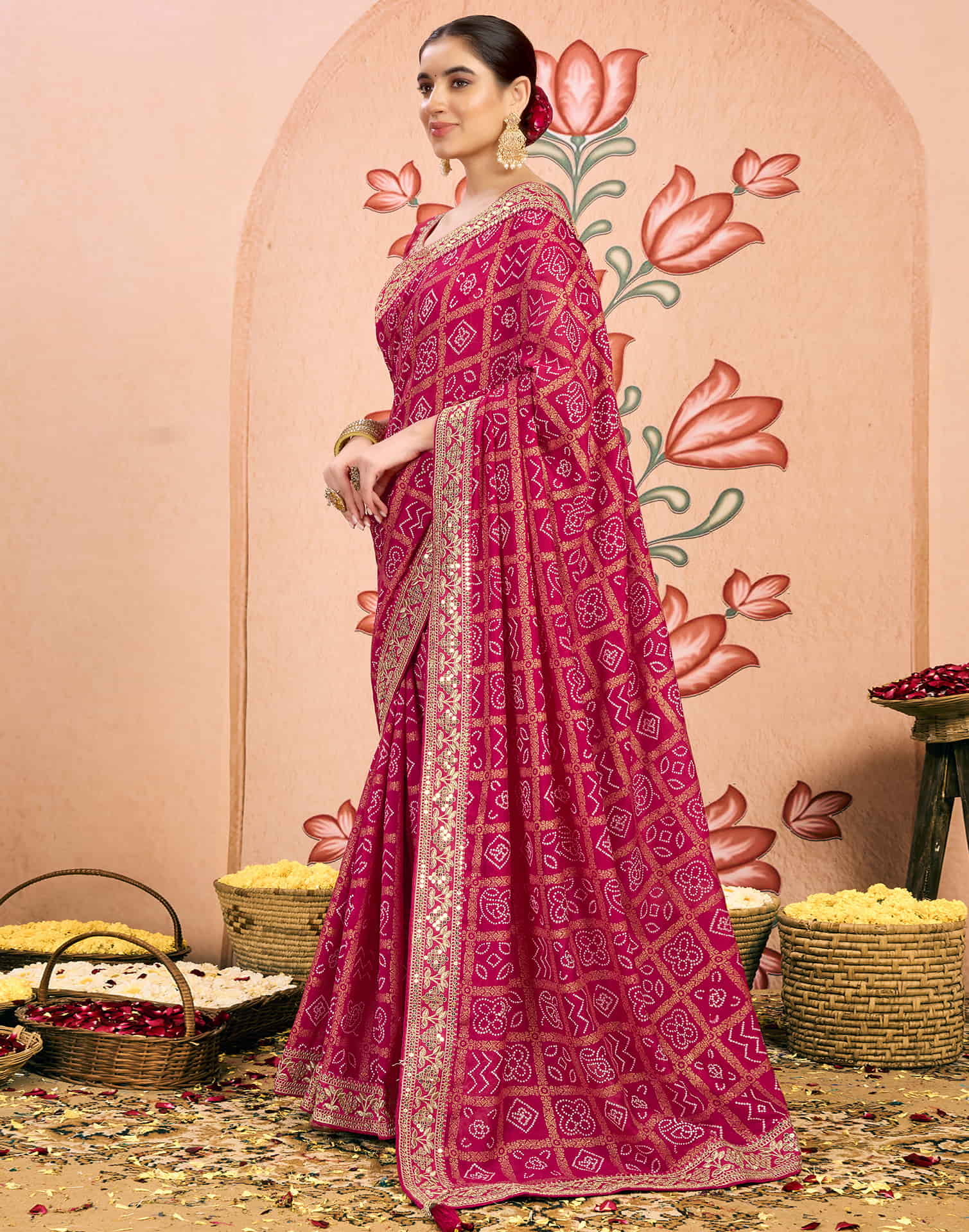 Rani Pink Georgette Sequence  Bandhani Saree