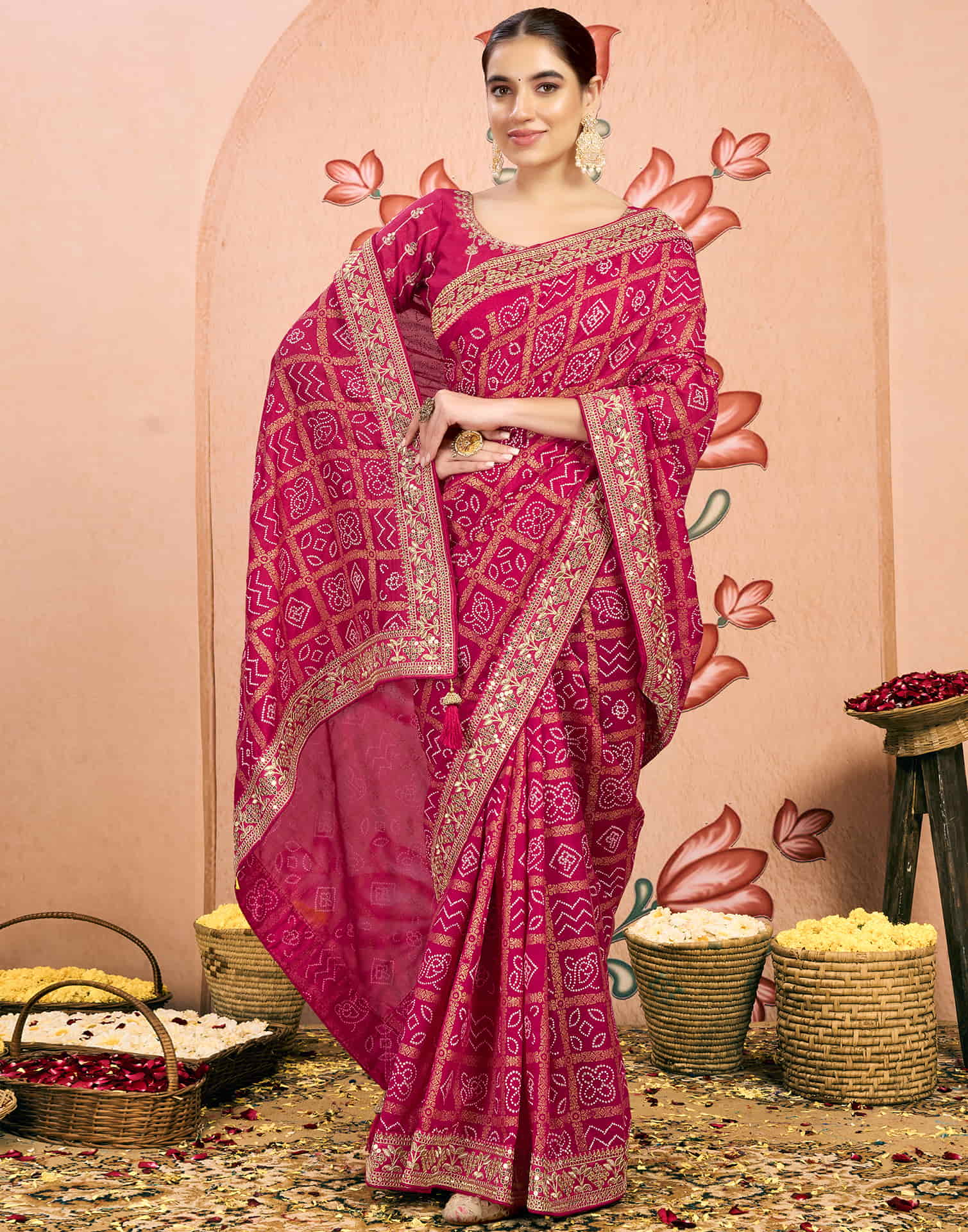 Rani Pink Georgette Sequence  Bandhani Saree