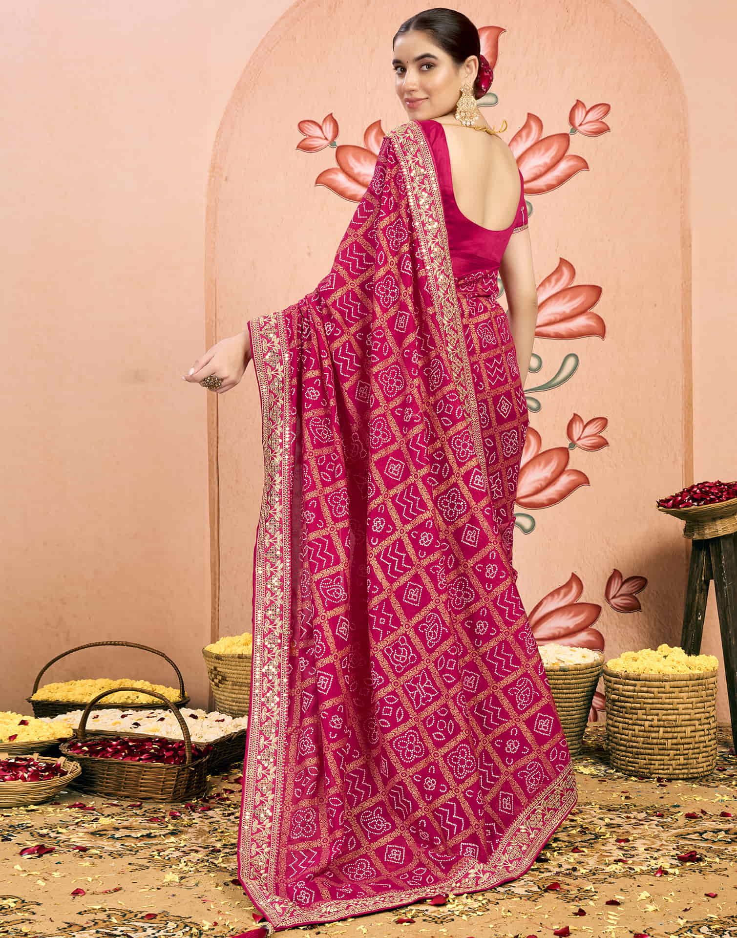 Rani Pink Georgette Sequence  Bandhani Saree