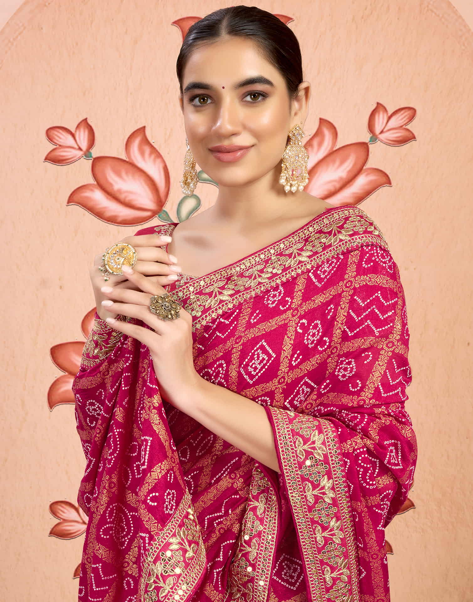 Rani Pink Georgette Sequence  Bandhani Saree