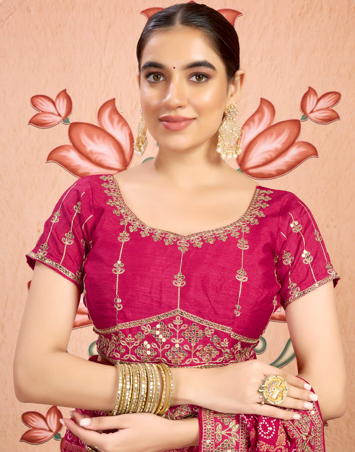 Rani Pink Georgette Sequence  Bandhani Saree