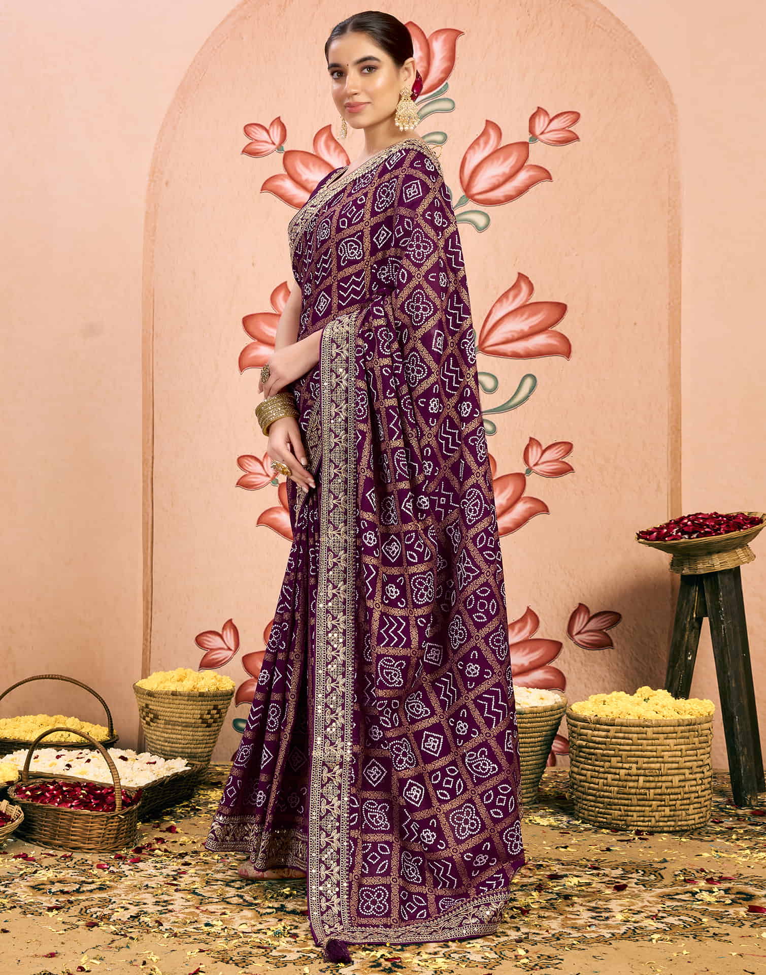 Dark Purple Georgette Sequence Bandhani Saree