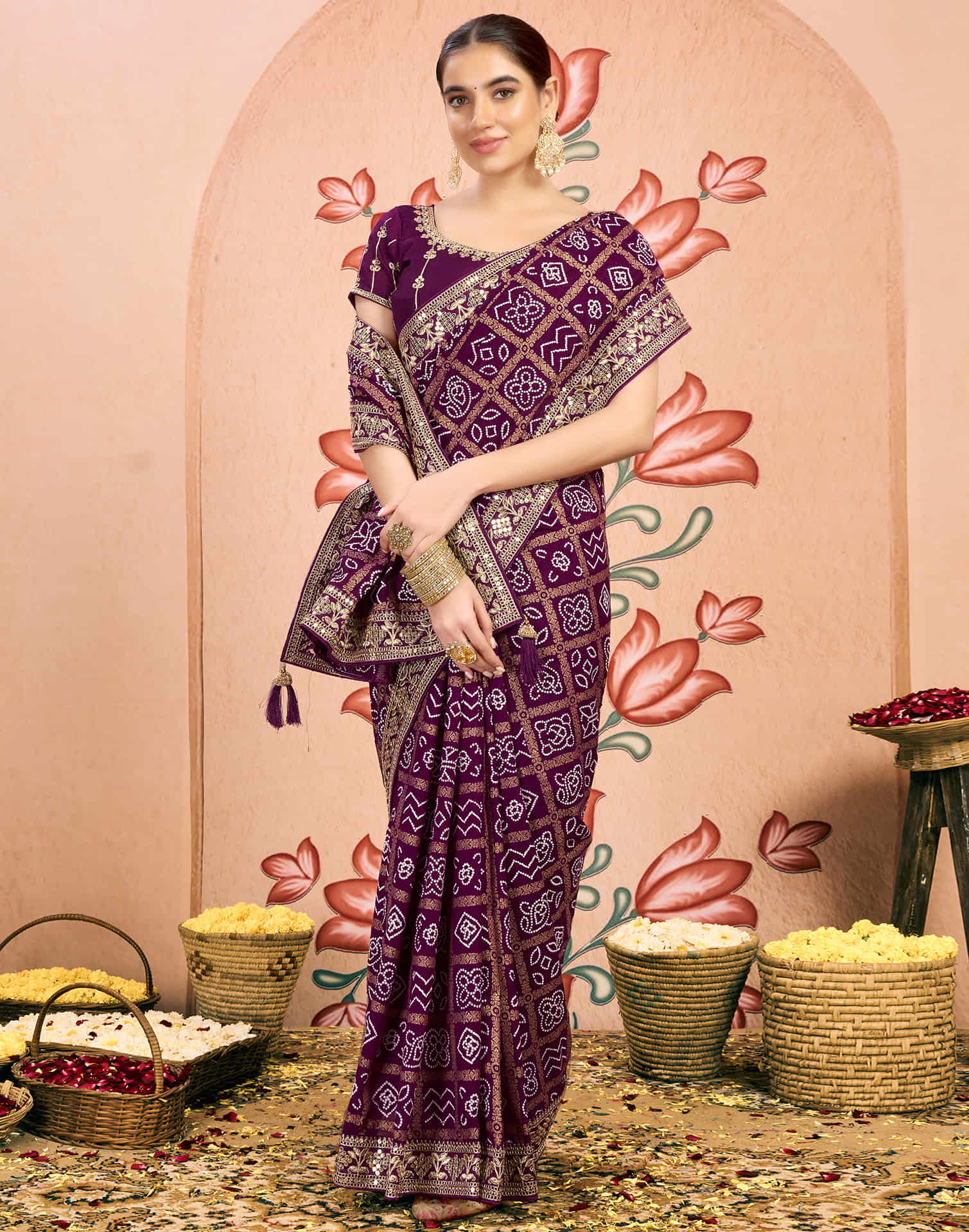 Dark Purple Georgette Sequence Bandhani Saree
