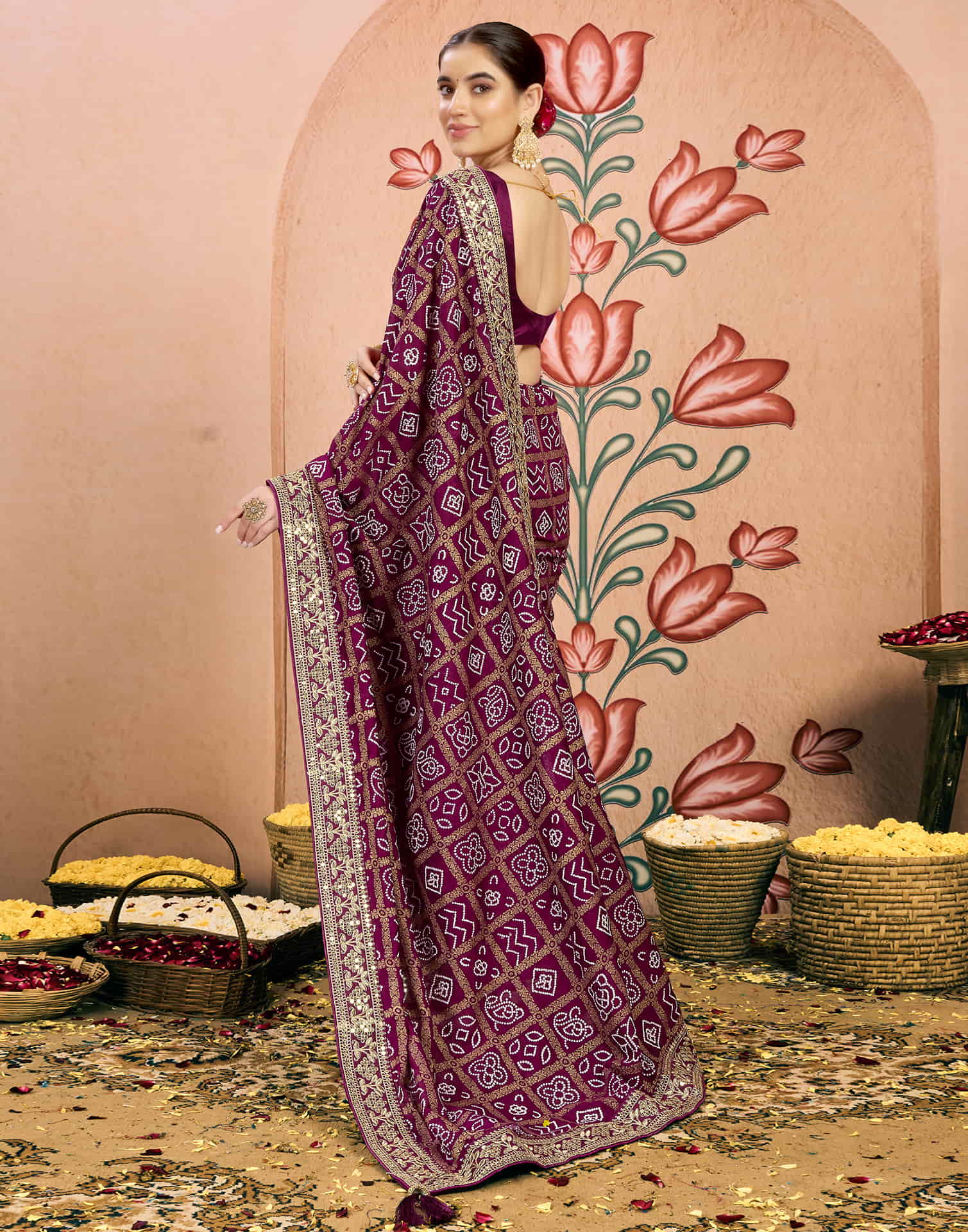 Dark Purple Georgette Sequence Bandhani Saree