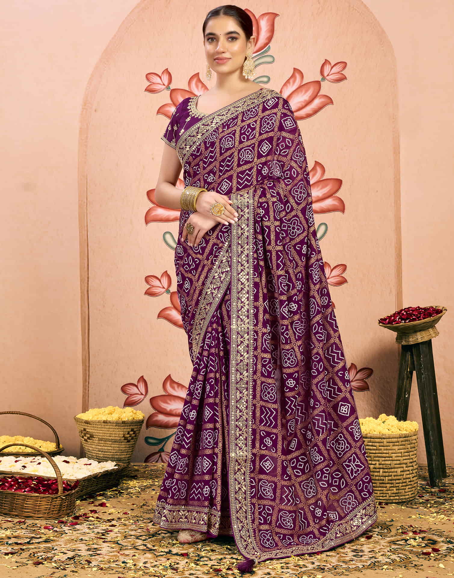 Dark Purple Georgette Sequence Bandhani Saree