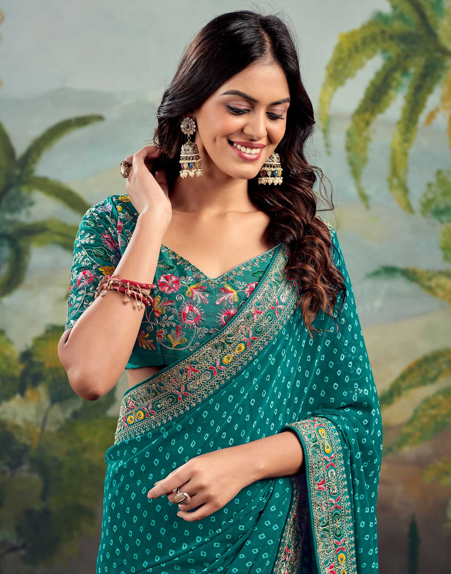 Teal Green Georgette Sequence Bandhani Saree