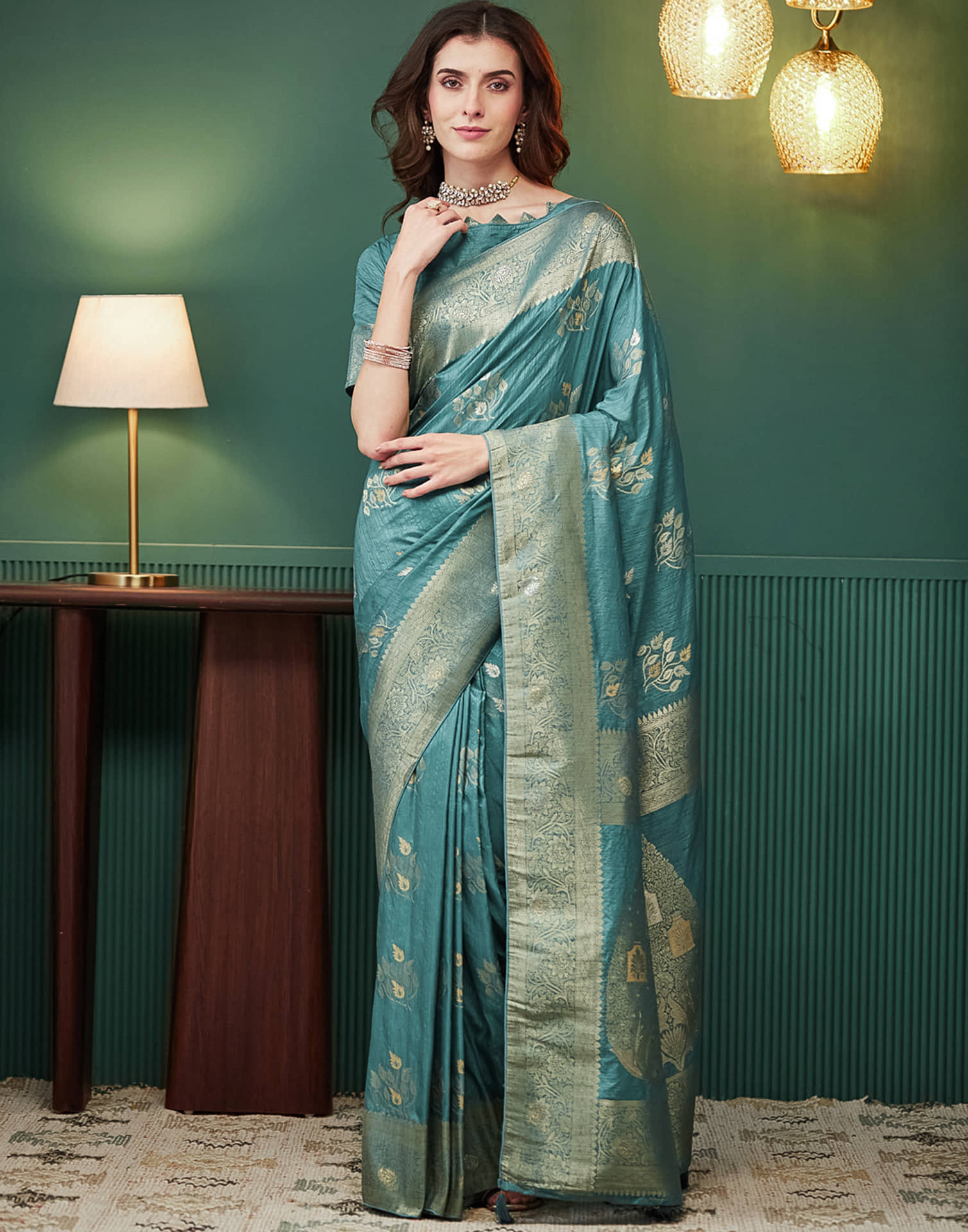 Dusty Teal Green Silk Weaving Banarasi Saree
