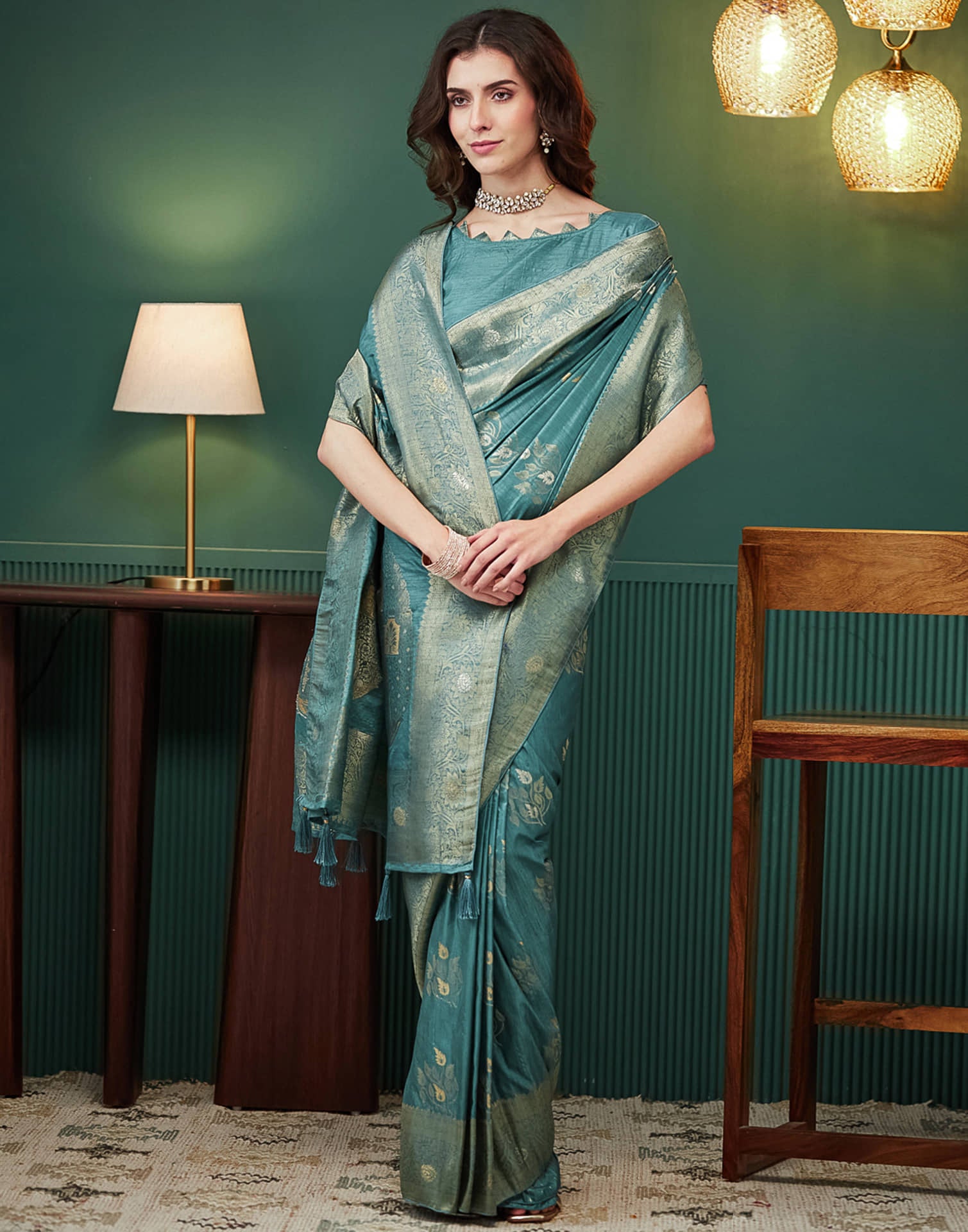 Dusty Teal Green Silk Weaving Banarasi Saree